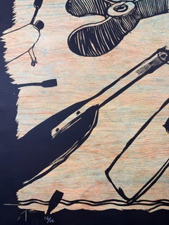 Kcho "Untitled" 2005 signed original large woodcut heavy-weight paper 46x79in