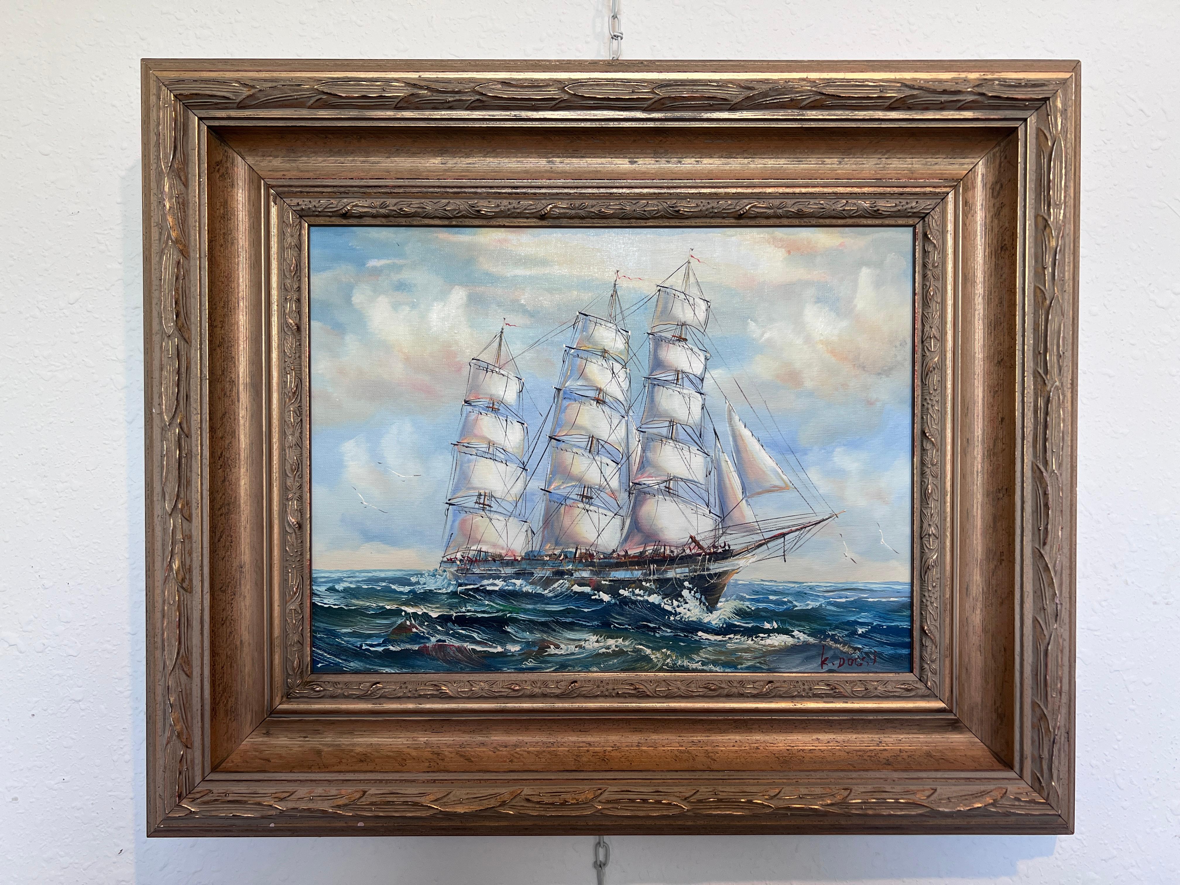 Framed Nautical Seascape Oil Painting Signed K. Dossi Maritime Ship Artwork - Gray Landscape Painting by K.Dossi