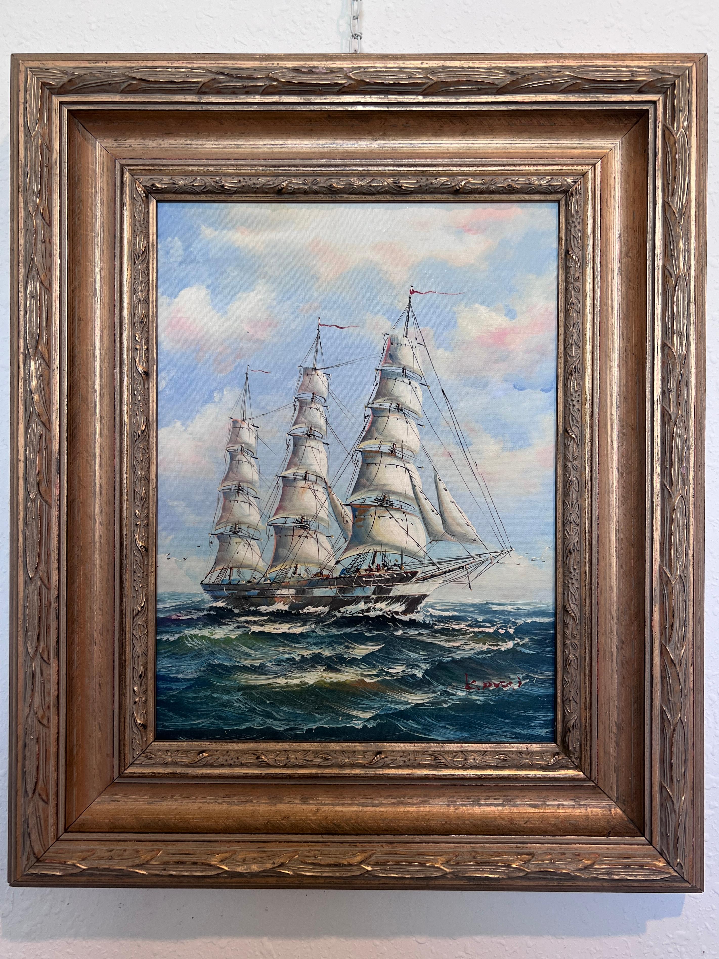 Framed Nautical Seascape Oil Painting Signed K. Dossi Maritime Ship Artwork - Gray Landscape Painting by K.Dossi
