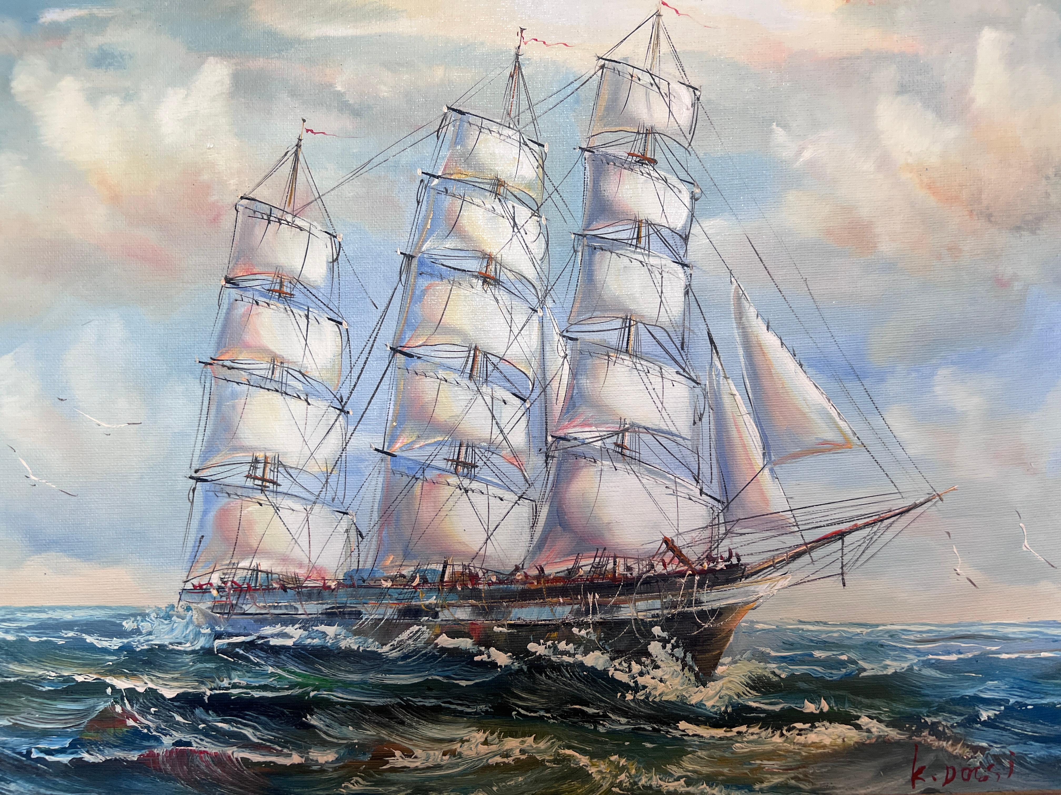 This is a striking original oil painting on canvas by listed artist K. Dossi, known for dynamic maritime scenes and bold, expressive brushwork. The artwork depicts a majestic tall ship under full sail, navigating the open sea beneath a sky alive