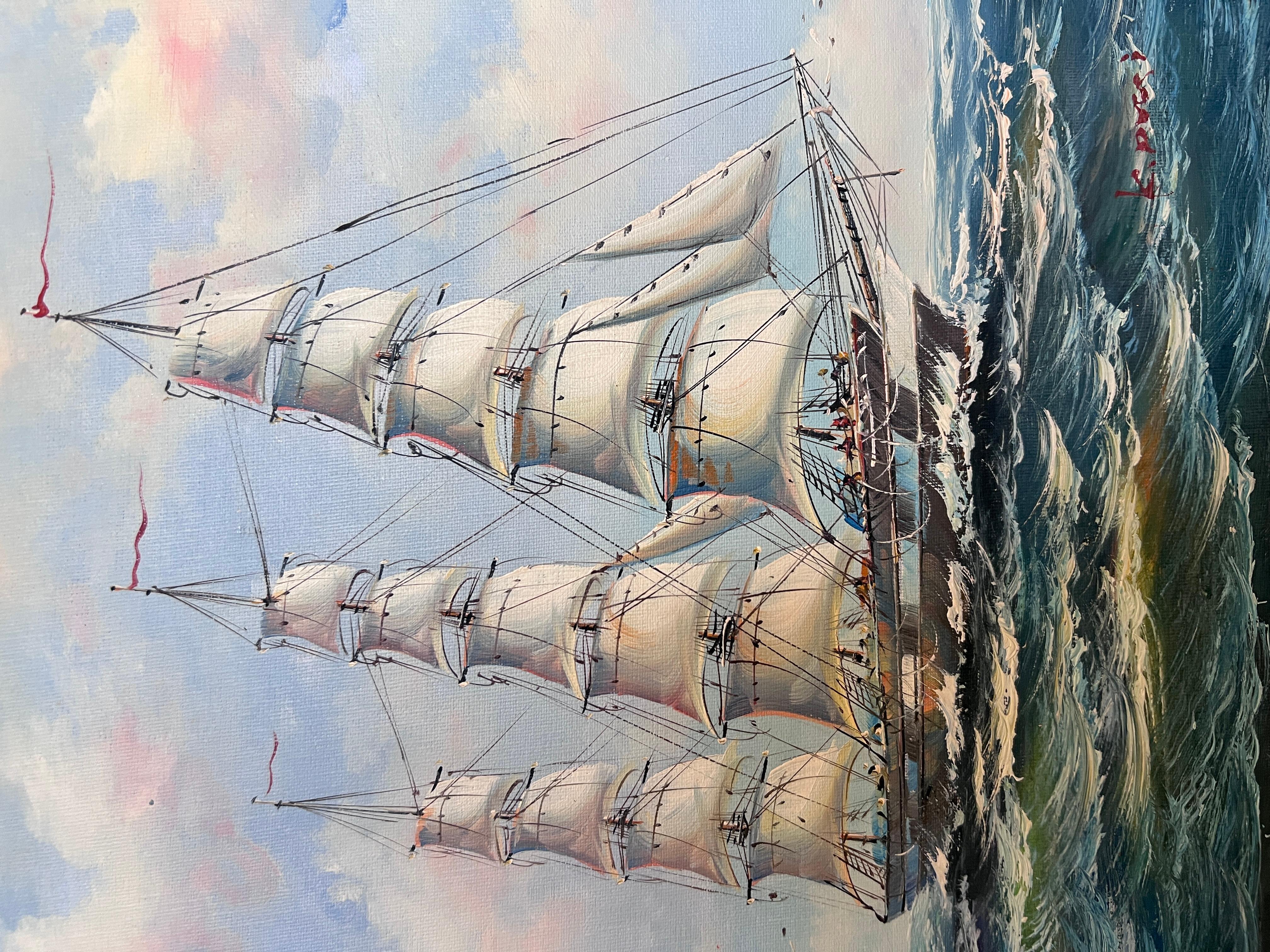  This is a striking original oil painting on canvas by listed artist K. Dossi, known for dynamic maritime scenes and bold, expressive brushwork. The artwork depicts a majestic tall ship under full sail, navigating the open sea beneath a sky alive