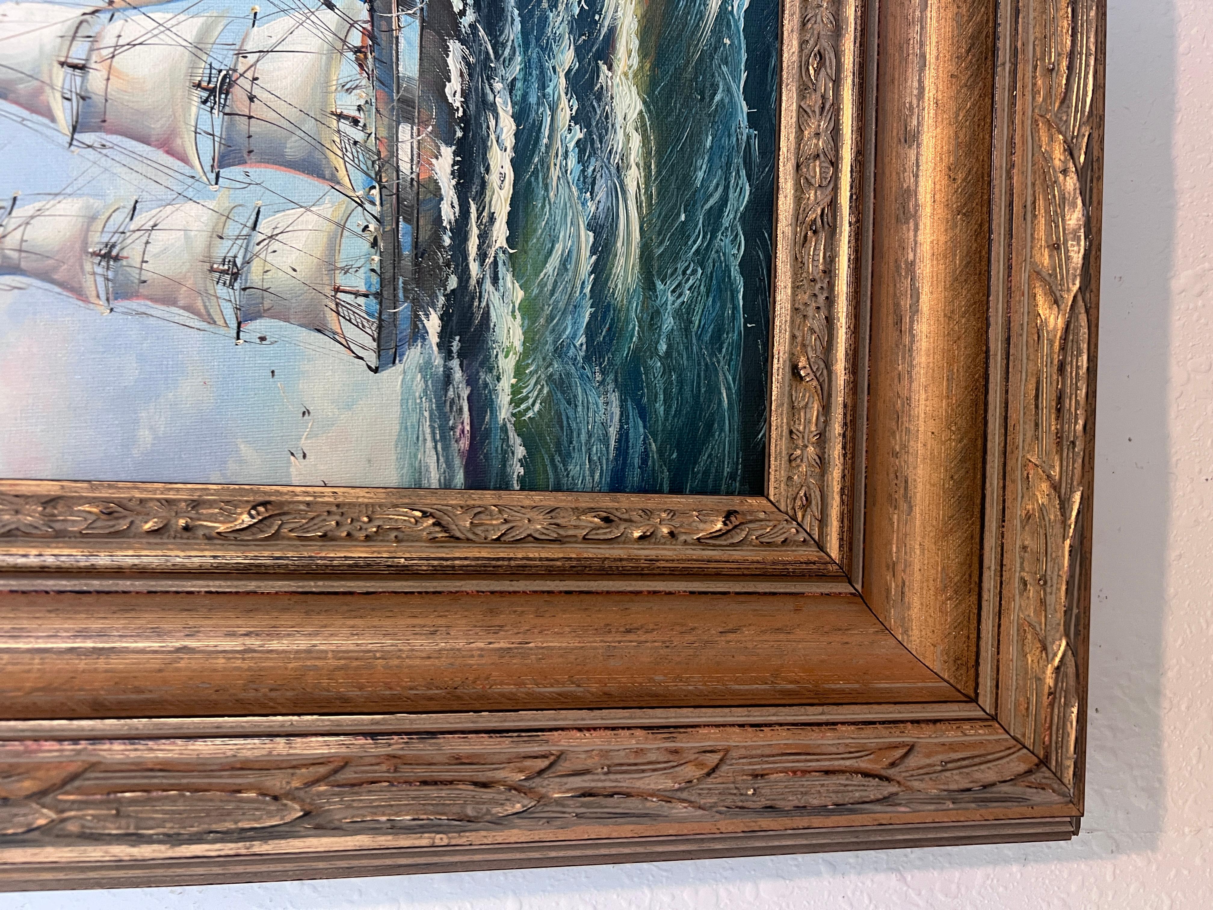 Framed Nautical Seascape Oil Painting Signed K. Dossi Maritime Ship Artwork For Sale 1