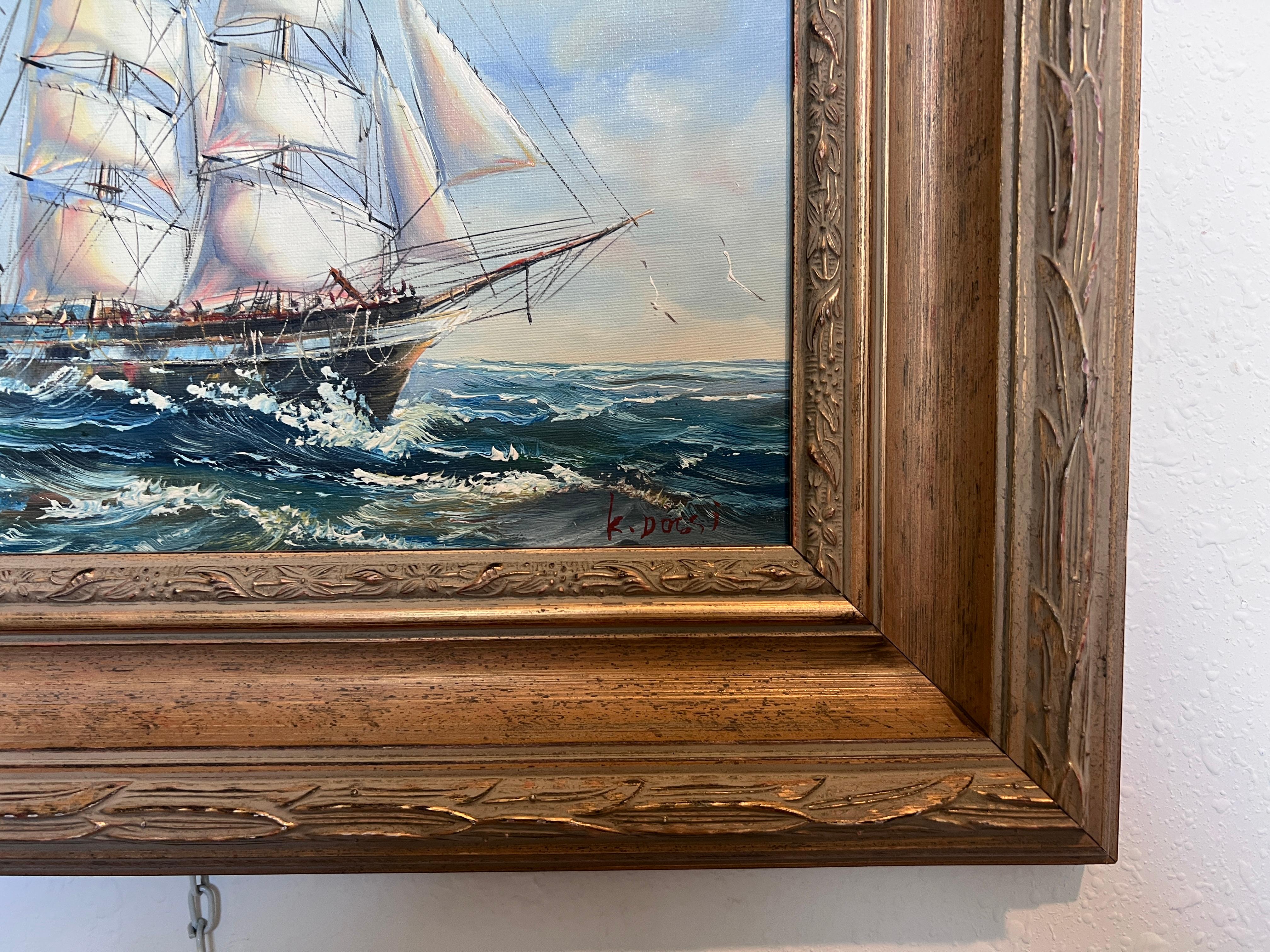 Framed Nautical Seascape Oil Painting Signed K. Dossi Maritime Ship Artwork For Sale 4