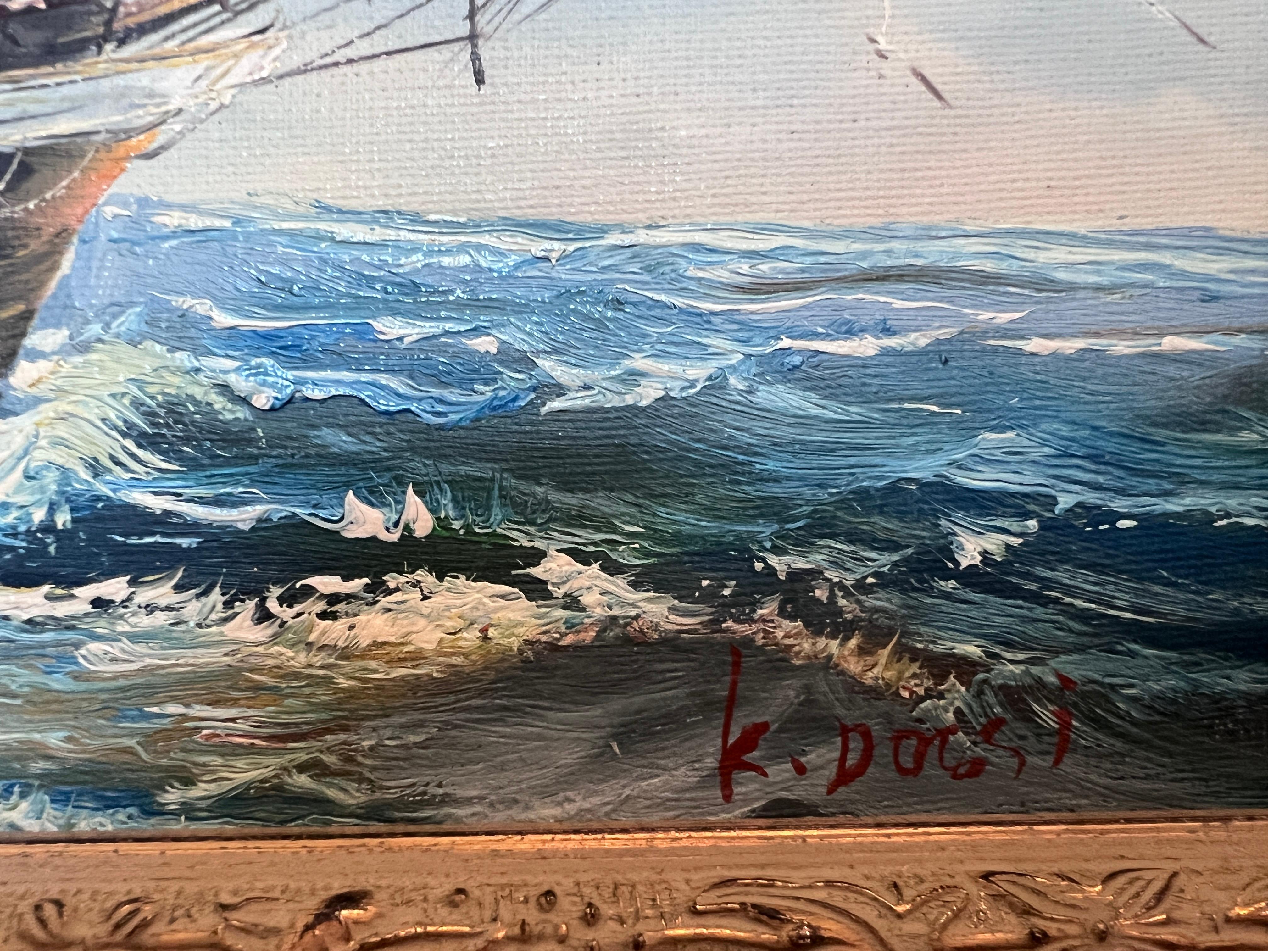 Framed Nautical Seascape Oil Painting Signed K. Dossi Maritime Ship Artwork For Sale 5