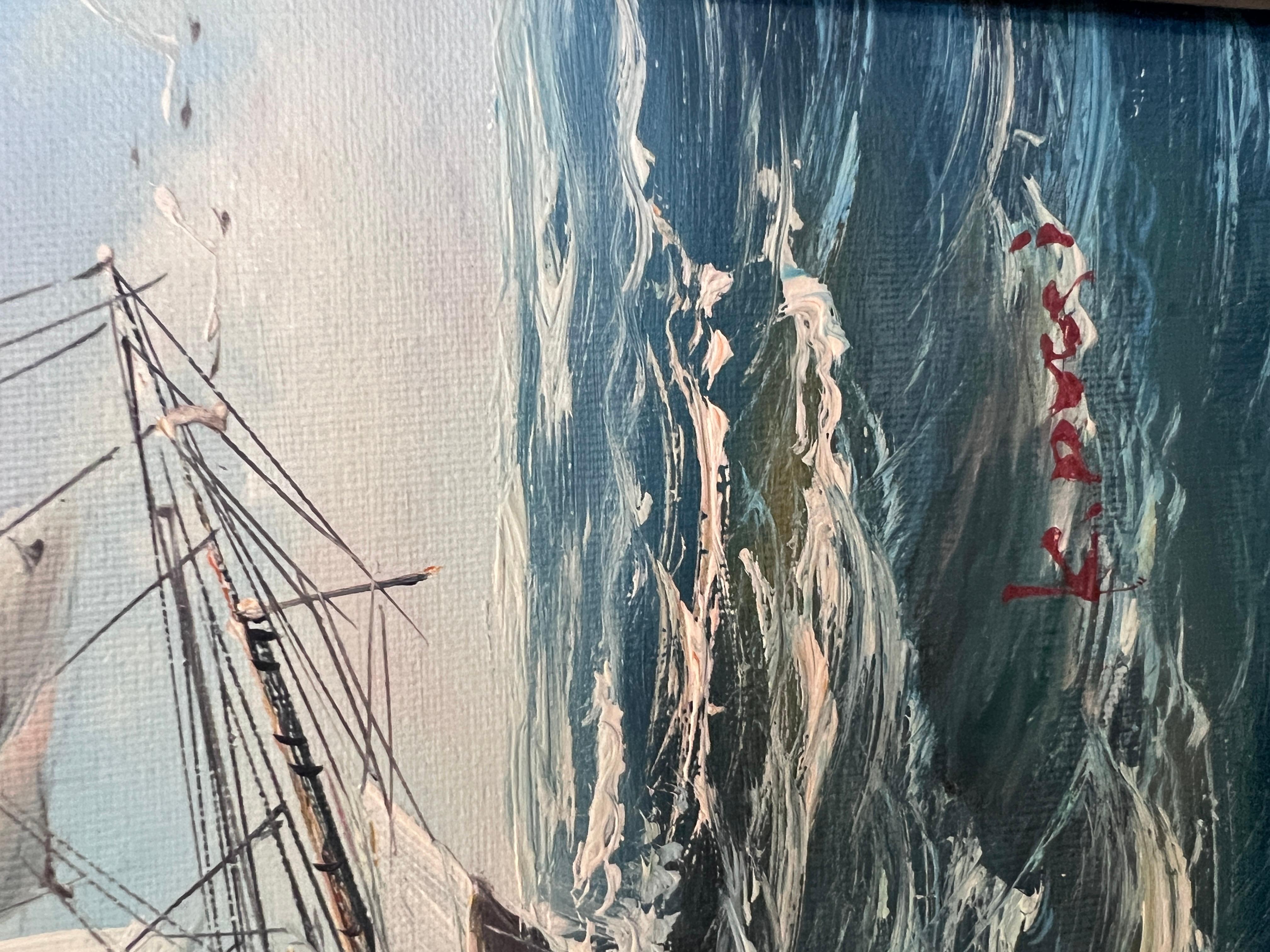 Framed Nautical Seascape Oil Painting Signed K. Dossi Maritime Ship Artwork For Sale 5