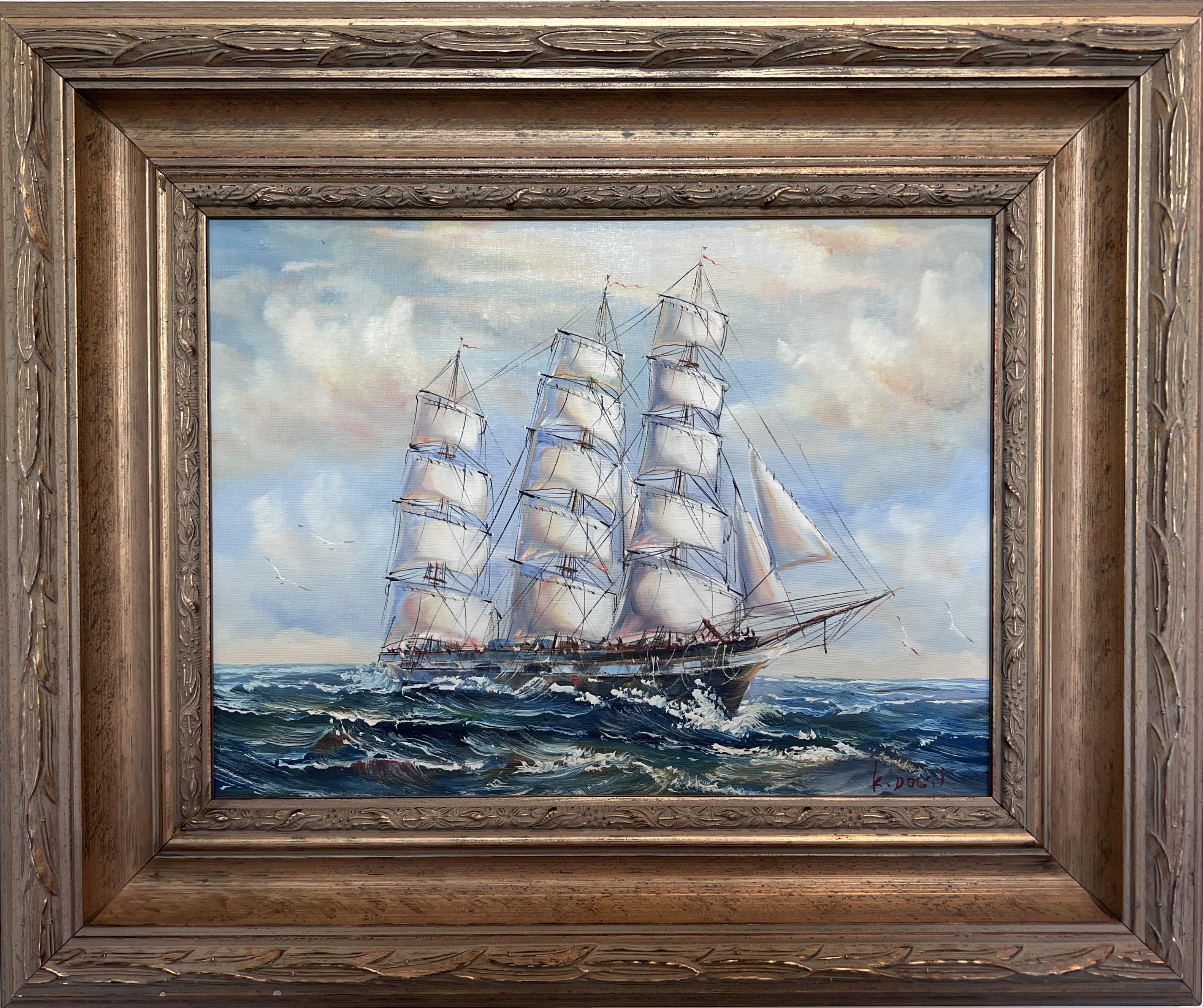 K.Dossi Landscape Painting - Framed Nautical Seascape Oil Painting Signed K. Dossi Maritime Ship Artwork
