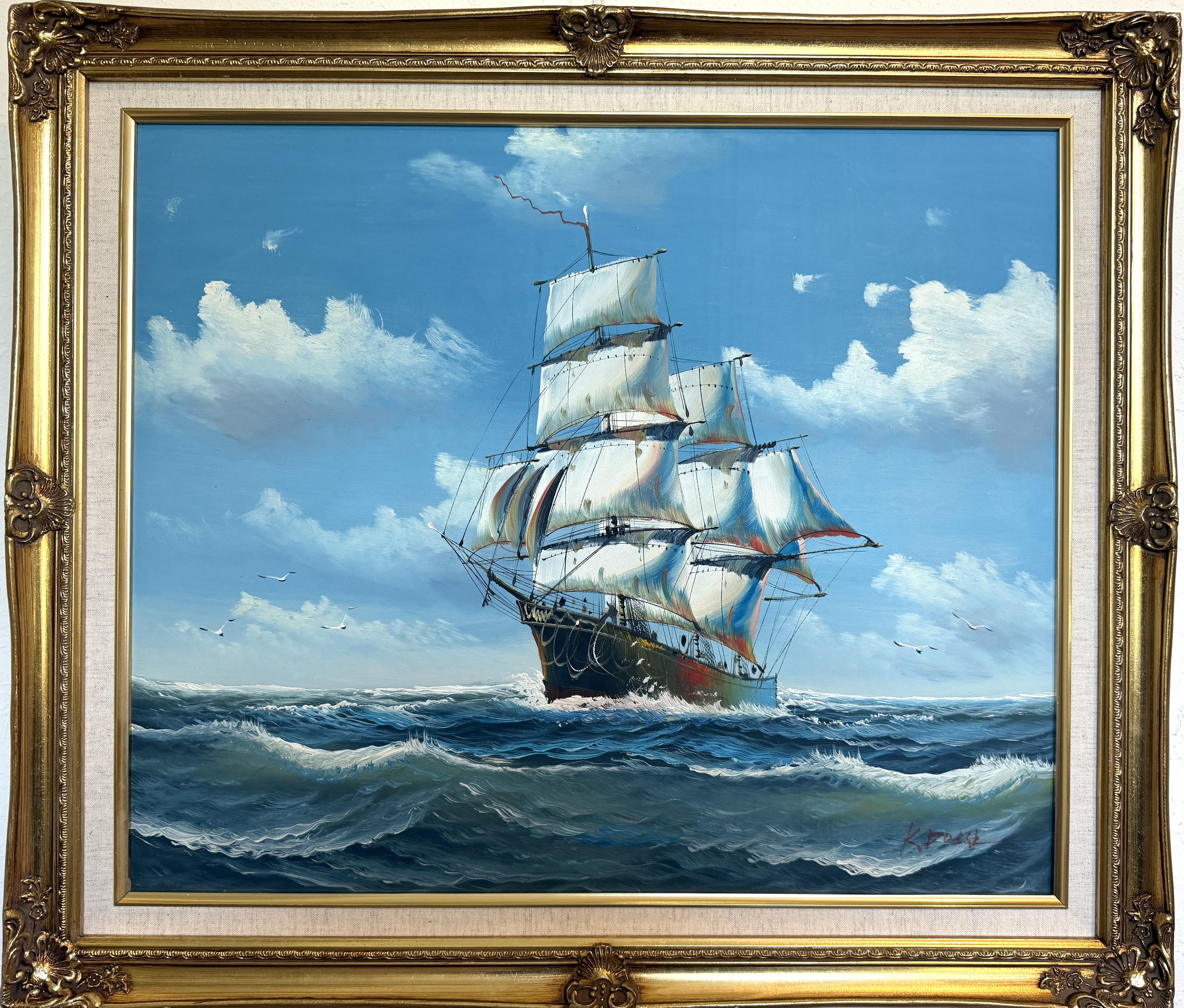 K. Dossi Pittura a olio Nave a vela Paesaggio marino firmato Arte marittima Oceanic Arts
