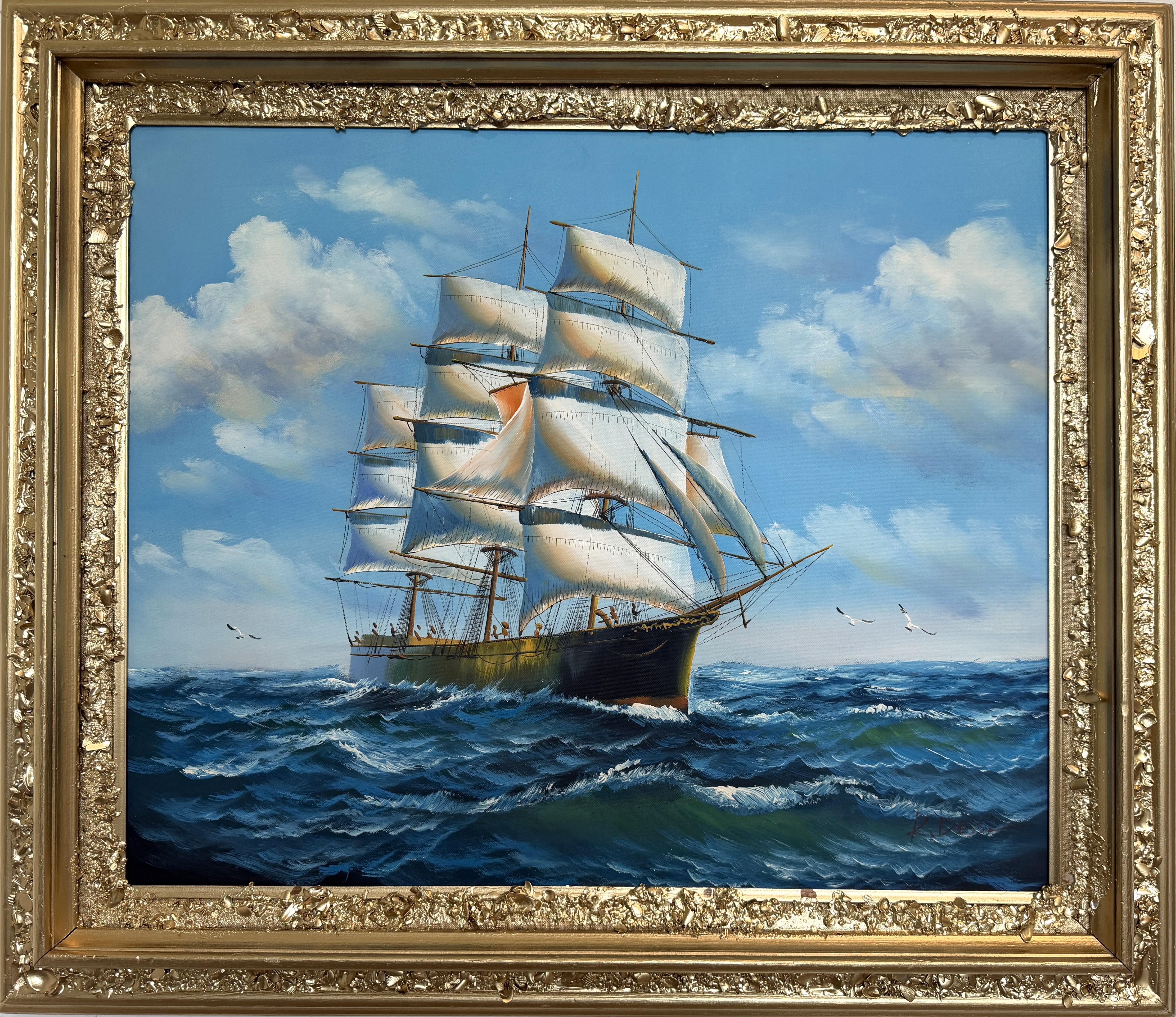 Dieses eindrucksvolle Ölgemälde zeigt ein majestätisches Segelschiff, das unter einem strahlenden, weiten Himmel durch die Wellen des Ozeans schippert. Die Komposition fängt sowohl Bewegung als auch Eleganz ein, mit fein detaillierten Segeln und