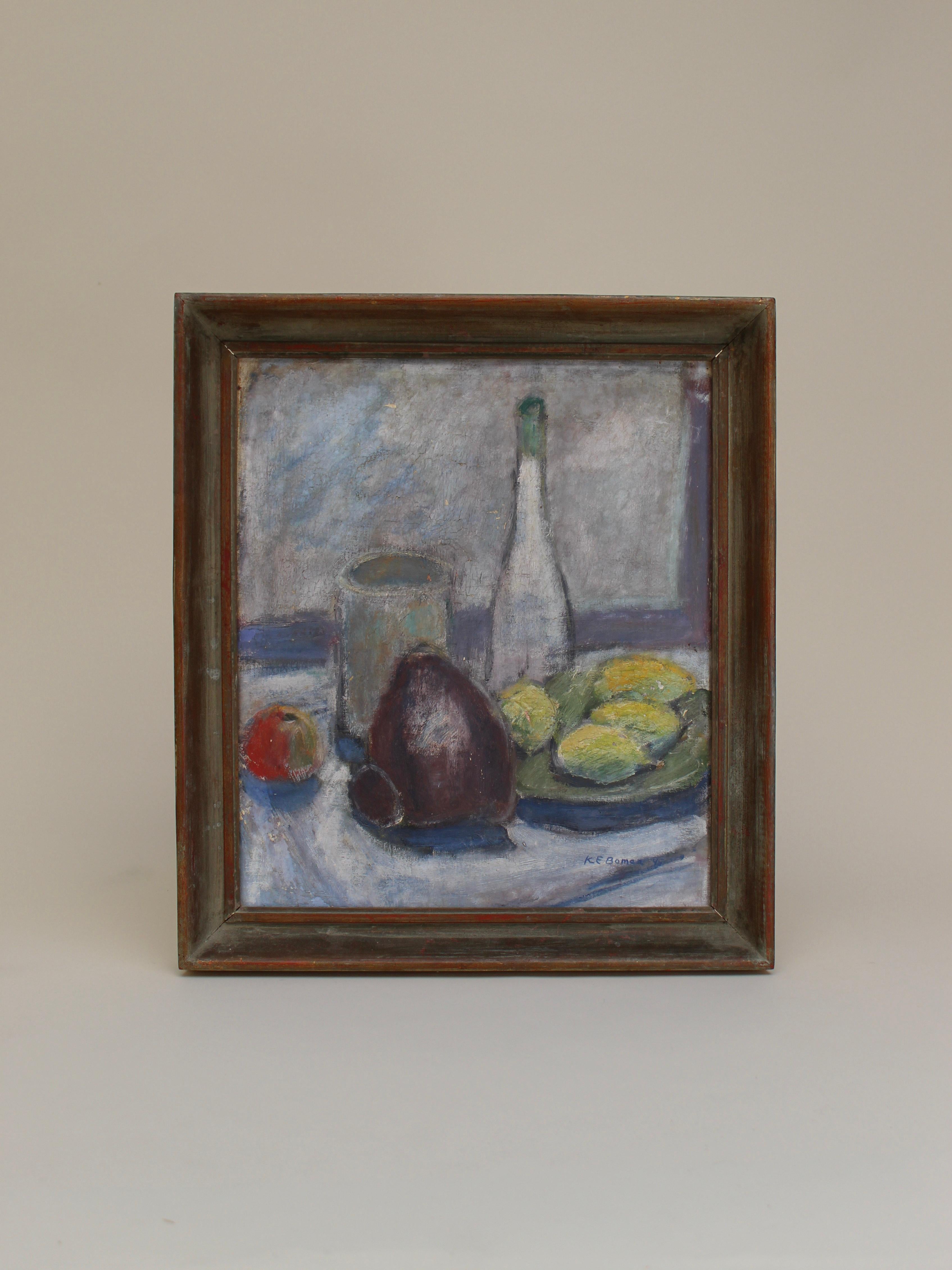 A delightful still life oil on canvas depicting a kitchen table top with vases and fruit. Signed and dated to the lower right. Some minor age-related paint loss to the canvas, framed in the original frame.

Artist: K.E. Boman
Medium: Oil on