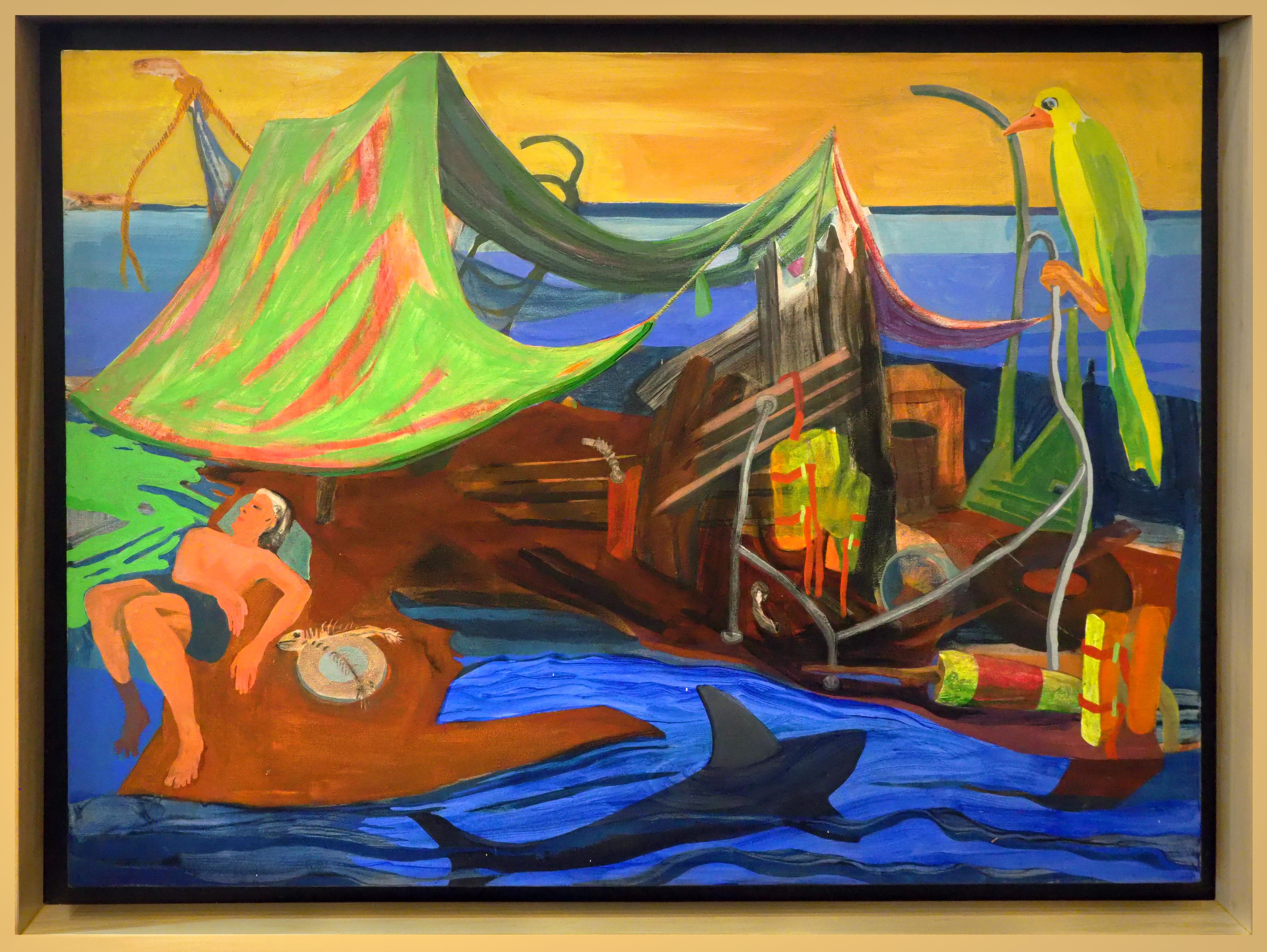 Raft with Green Sail - Painting by Ke Francis