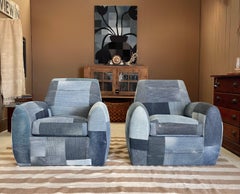 Fauteuils club "Ke Zu" par Dakota Jackson en patchwork matelassé de denim vintage