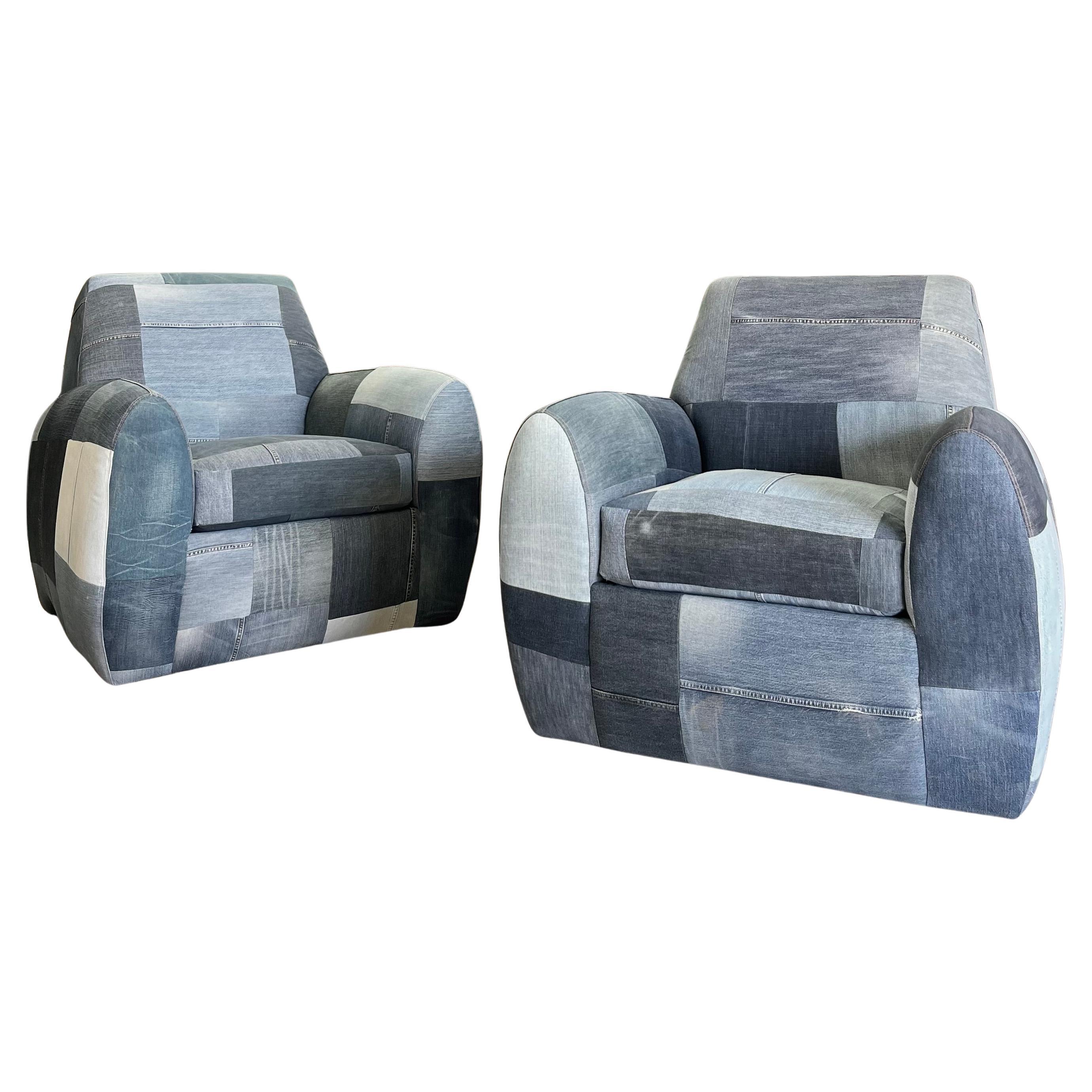 “Ke Zu” Club Chairs by Dakota Jackson in Vintage Denim Quilted Patchwork For Sale