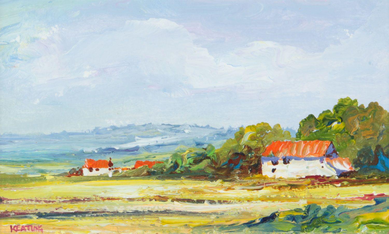 Mediterrane Cottages mit roten Dachdeckenfliesen in ländlicher europäischer Landschaft – Painting von Keating