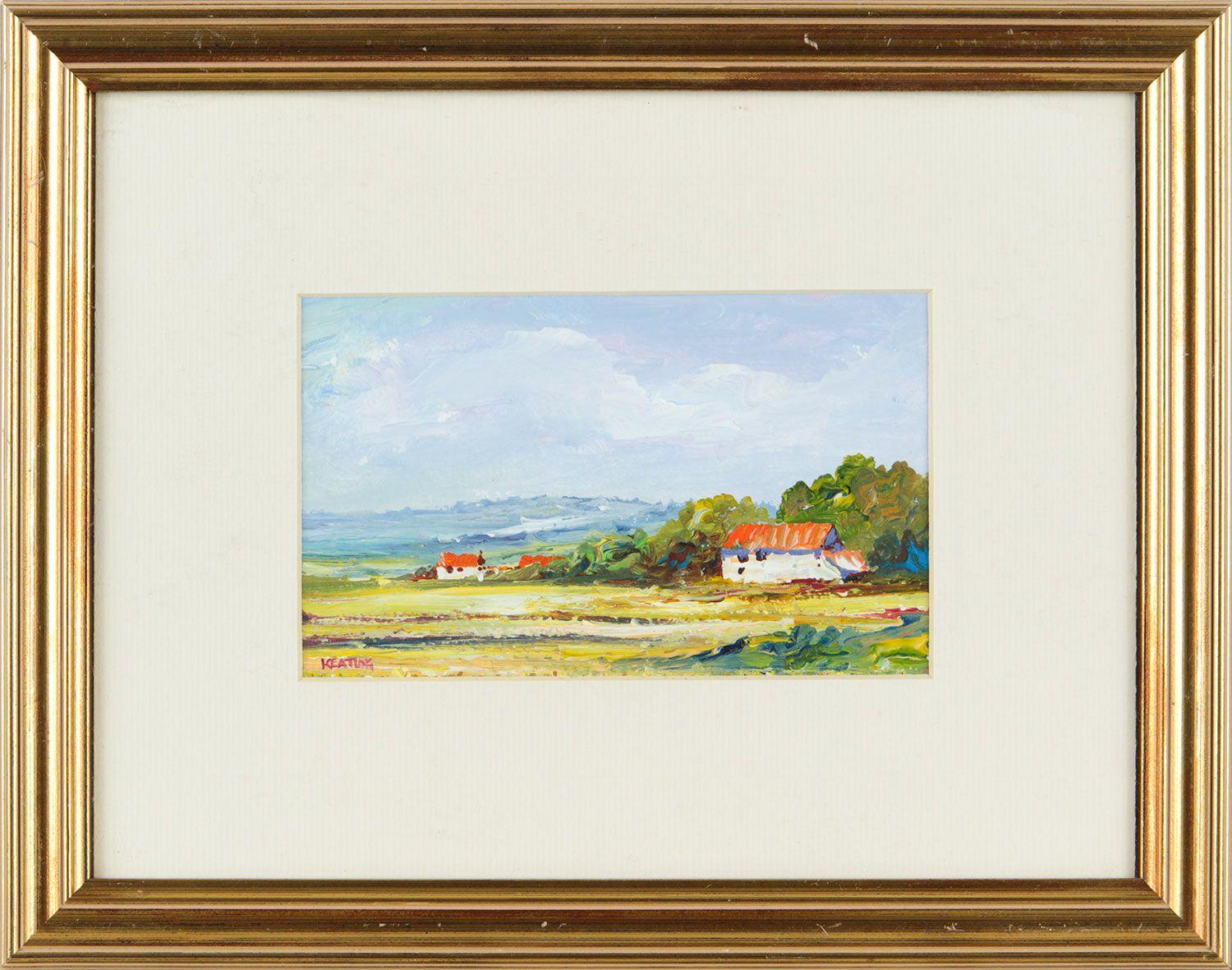 Mediterranean Cottages with Red Roof Tiles in Rural European Countryside by Irish Artist 

Art measures 7 x 4 inches 
Frame measures 13.5 x 10.5 inches 

Impressionistic painting using oil on paper - mounted and framed 
Signed Keating 

