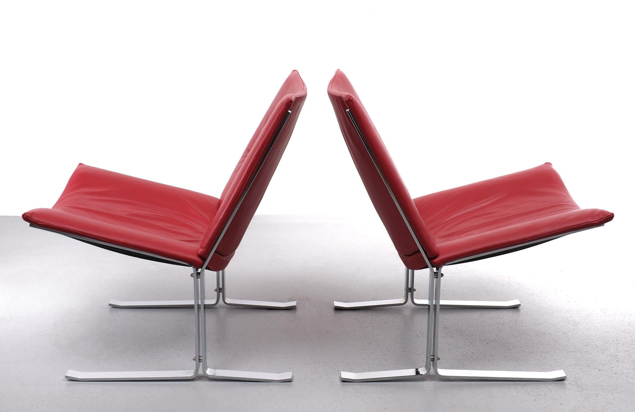 Mid-Century Modern Kebe Mobelfabrik Red Leather Lounge Chairs 1980s Denmark