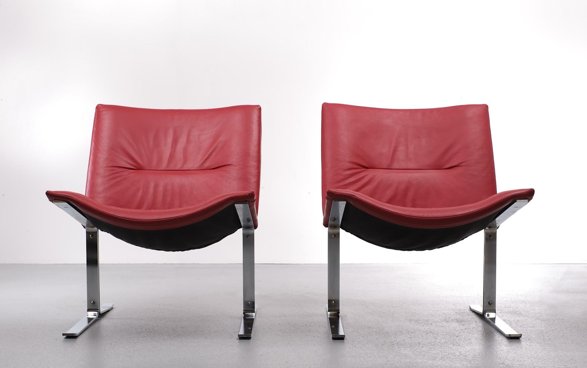 Danish Kebe Mobelfabrik Red Leather Lounge Chairs 1980s Denmark