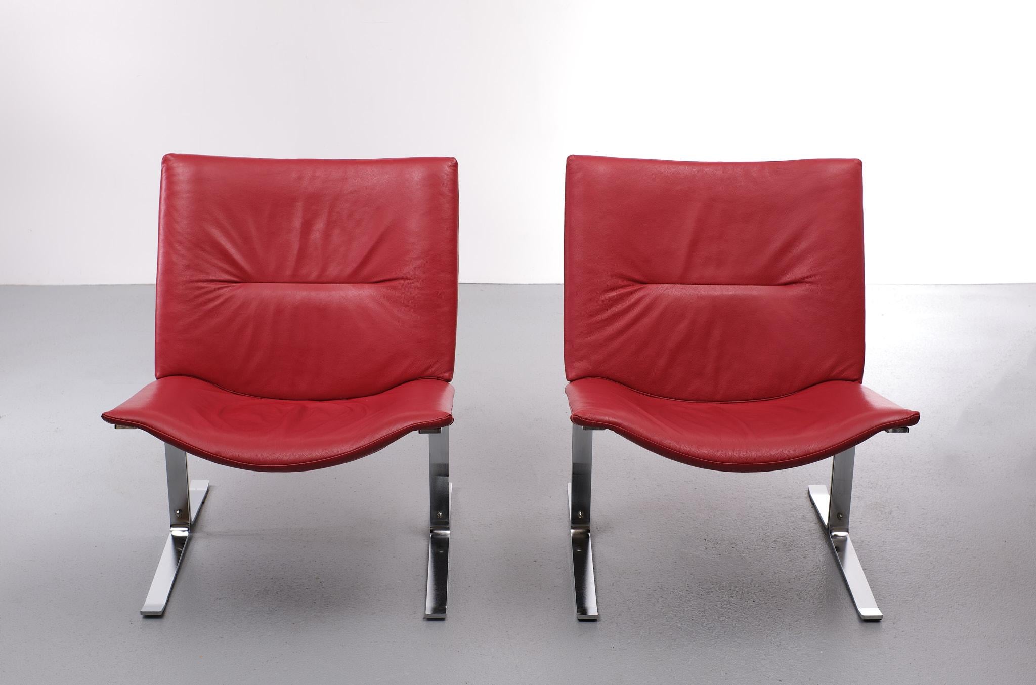 Kebe Mobelfabrik Red Leather Lounge Chairs 1980s Denmark In Good Condition In Den Haag, NL