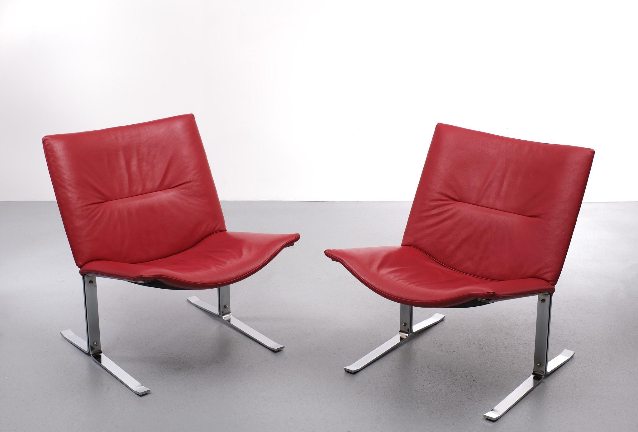 Late 20th Century Kebe Mobelfabrik Red Leather Lounge Chairs 1980s Denmark