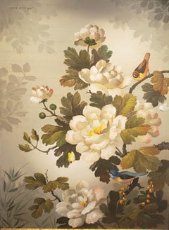 Oriental Flowers and Birds, Oil, Silk on Canvas, Chinese artist,  1960's