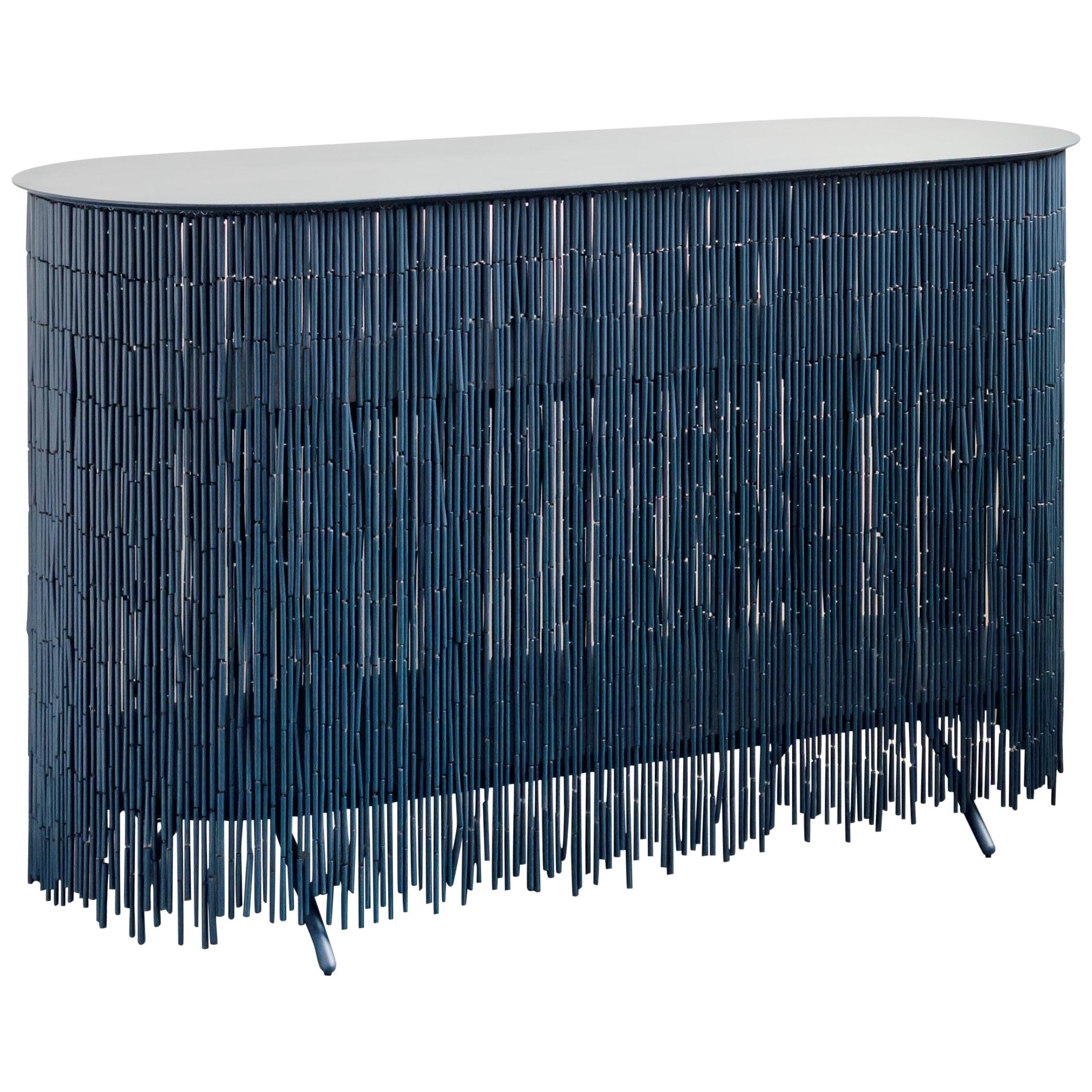 Keefer Credenza, Calen Knauf, Petrol Blue Bamboo Beaded Console Table Oak - 48" For Sale