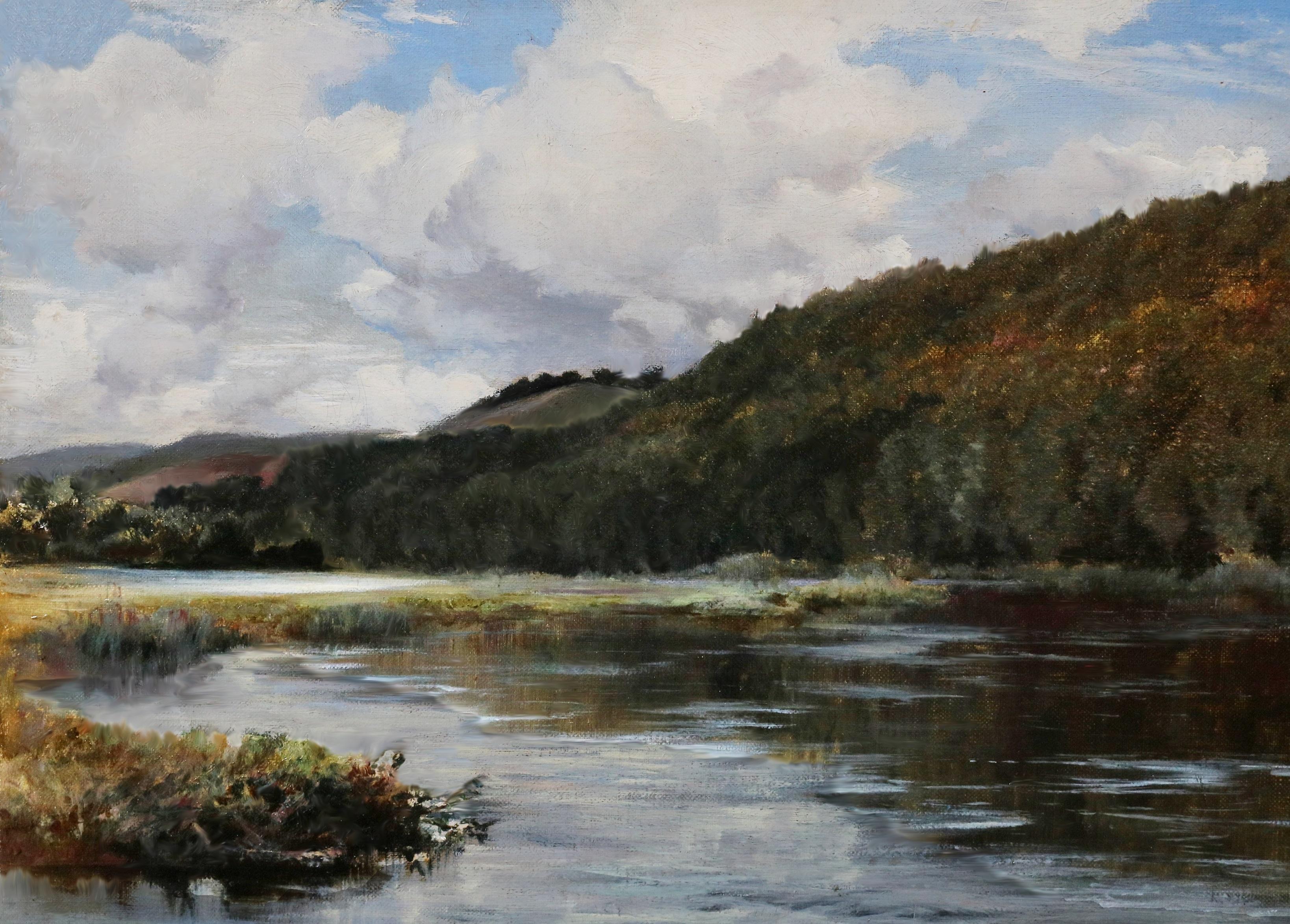 Die Themse bei Pangbourne - Ölgemälde aus dem 19. Jahrhundert Englische Flusslandschaft (Beige), Landscape Painting, von Keeley Halswelle