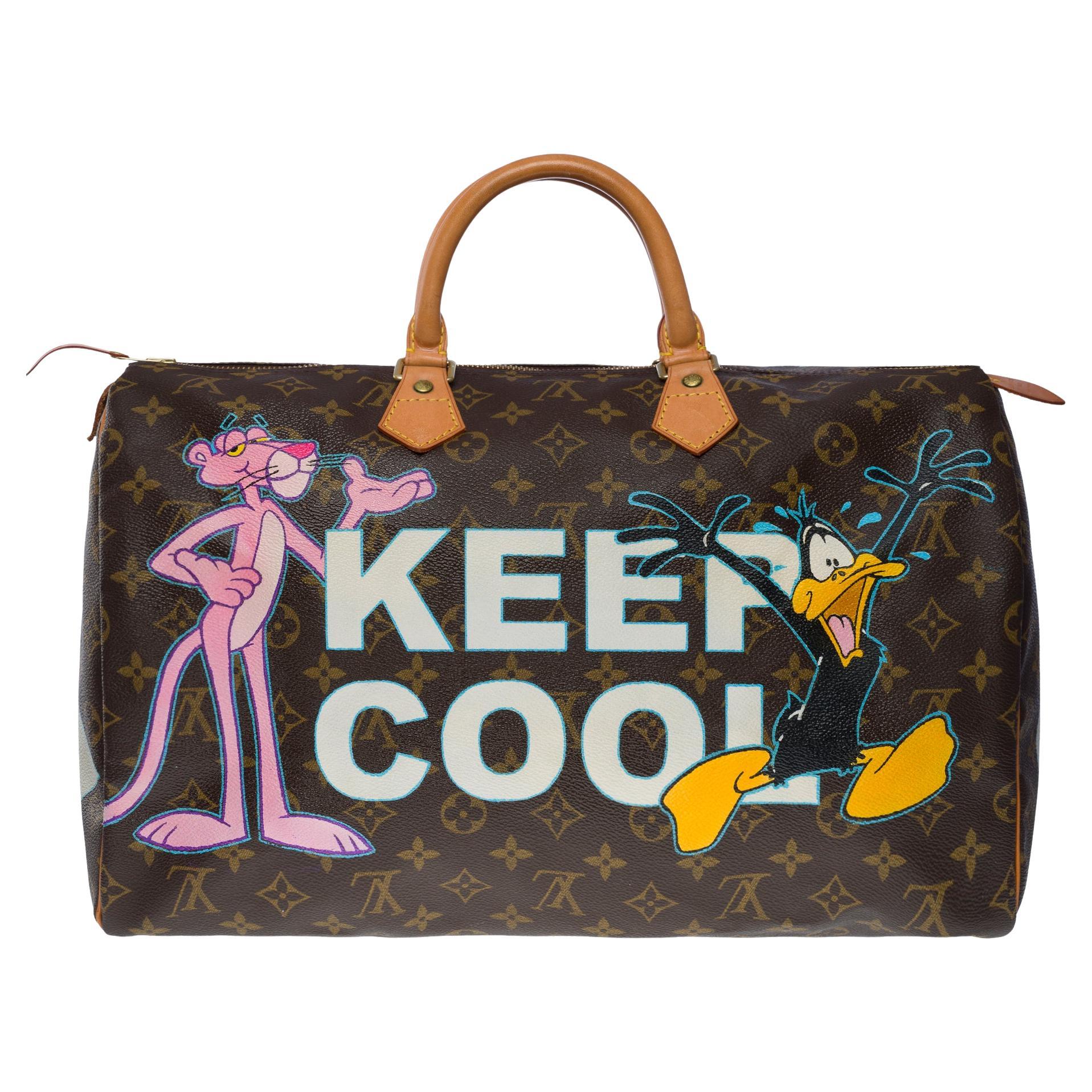 Sac à main Speedy 40 personnalisé en toile monogrammée marron « Keep Cool » de Louis Vuitton  en vente