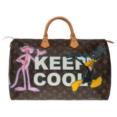 "Keep Cool" Customized Louis Vuitton Speedy 40 handbag in brown Monogram canvas 