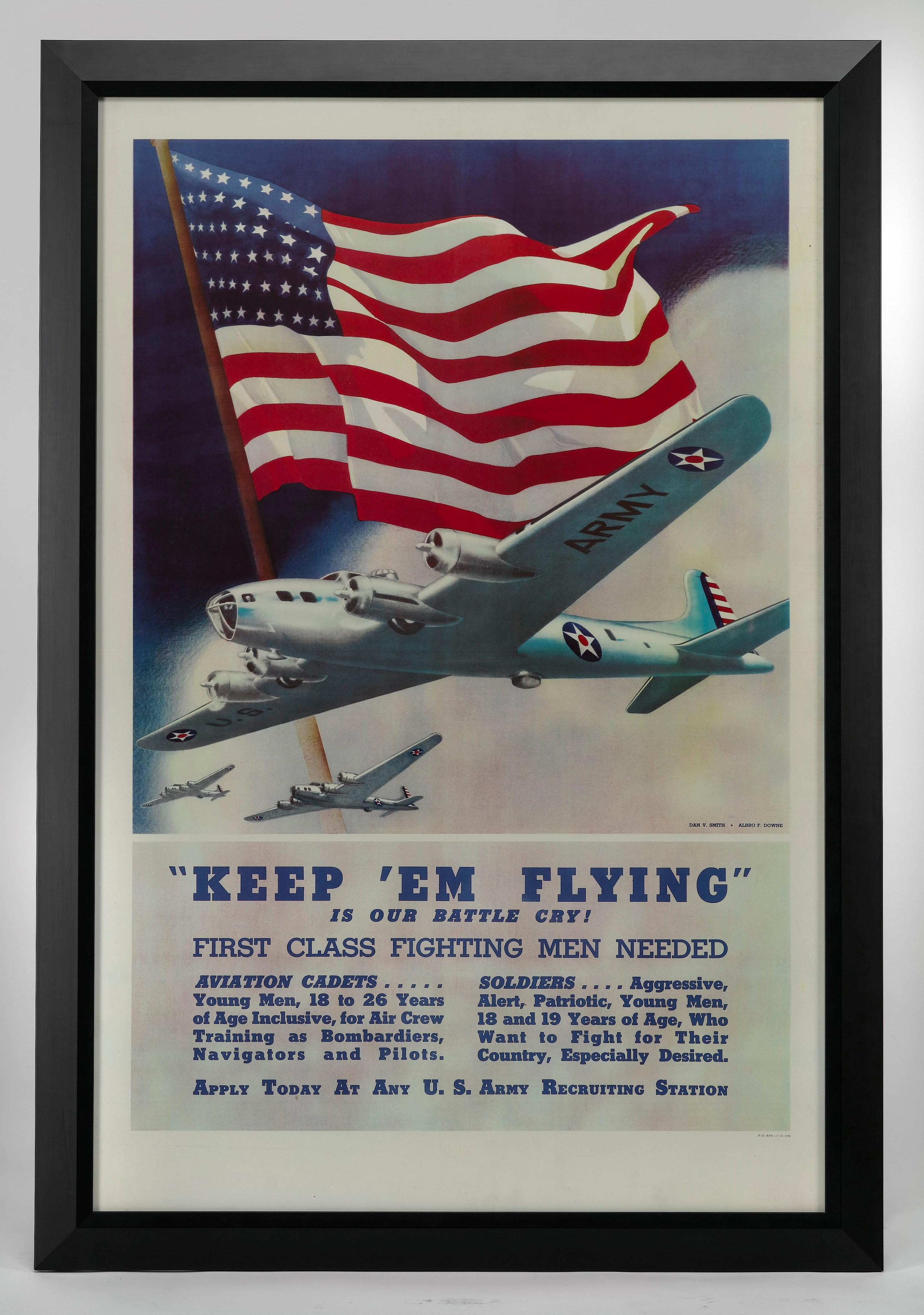 Presented is a vintage WWII recruitment poster by the artist team Dan V. Smith and Albrow F. Downe. The poster features three Boeing B-17 Flying Fortresses set in front of a large, waving American flag. The poster was issued by the United States