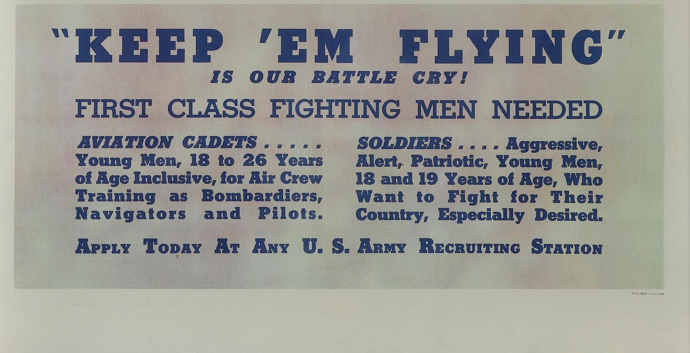« Keep 'Em Flying' est notre Battle Cry ! » Affiche de recrutement de l'armée de la Seconde Guerre mondiale  Bon état - En vente à Colorado Springs, CO