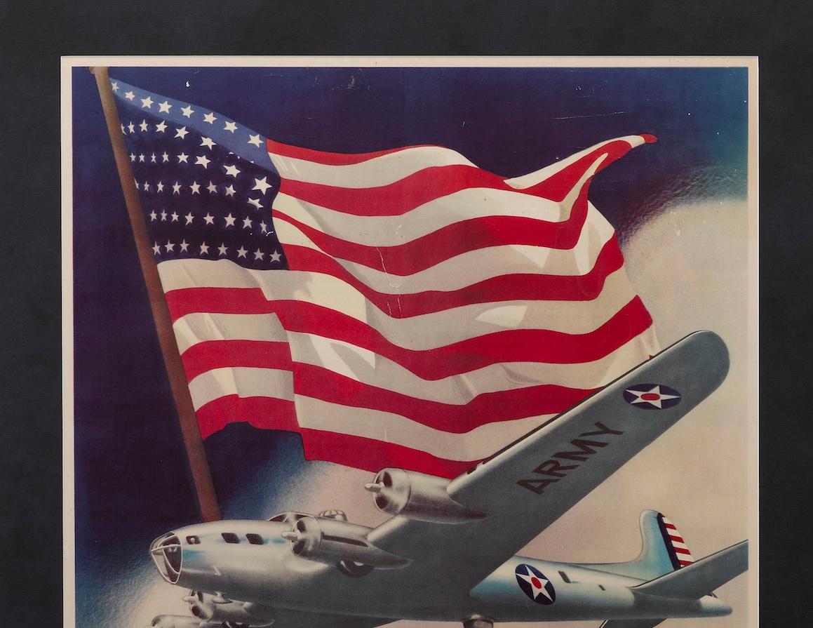 Keep ‘Em Flying Is Our Battle Cry is a 1942 World War II patriotic American propaganda poster by artist team Dan V. Smith and Albro F. Downe. The poster features a beautiful full-color image of three Boeing B-17 Flying Fortresses set in front of a