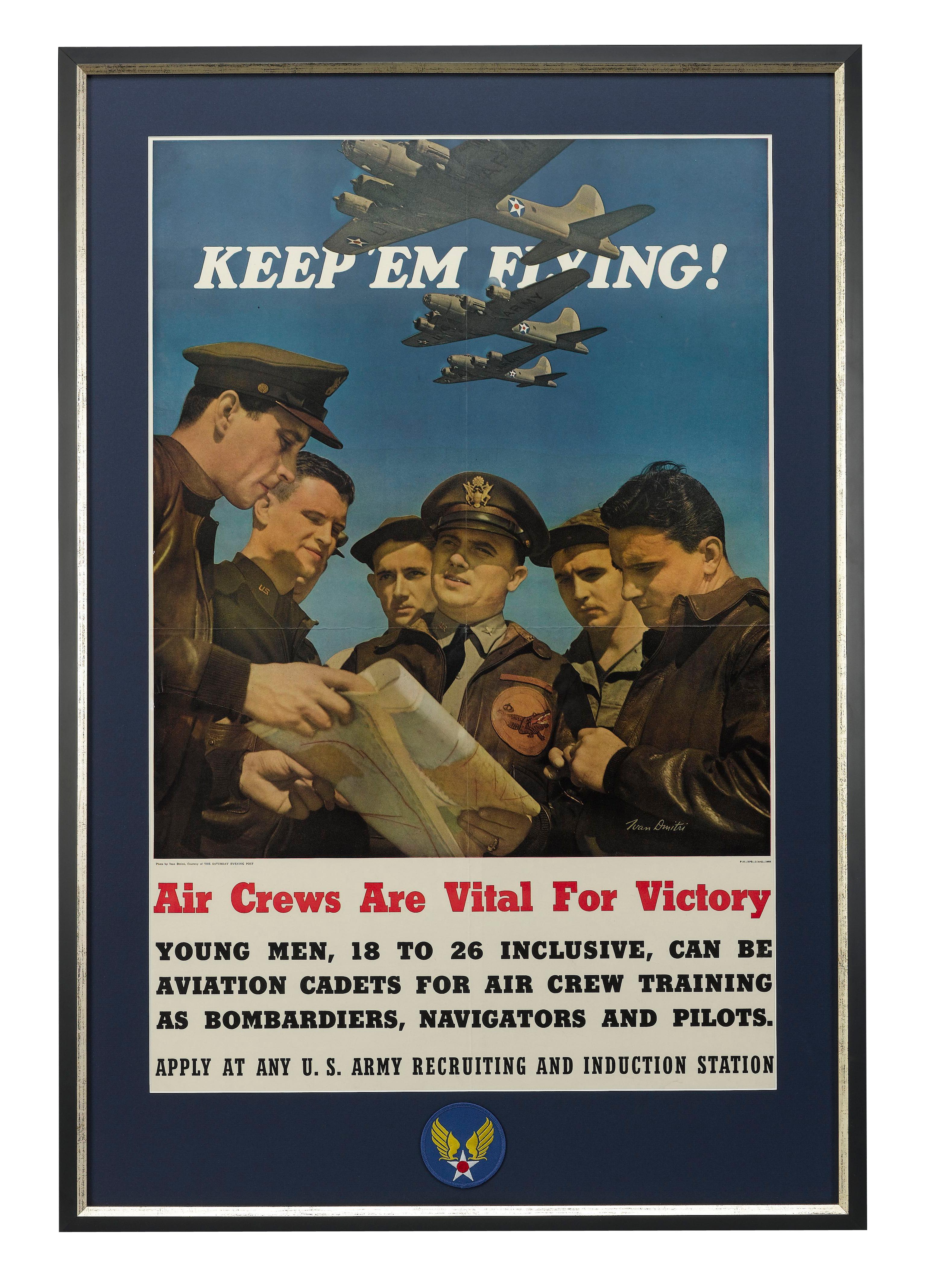 This Army Air Corps recruitment poster, by Ivan Dmitri, was issued in 1942 in order to entice new enlistees amidst World War II. Bearing the popular slogan, “Keep ‘Em Flying!” in large white block letters near the top, the rest of the poster reads,