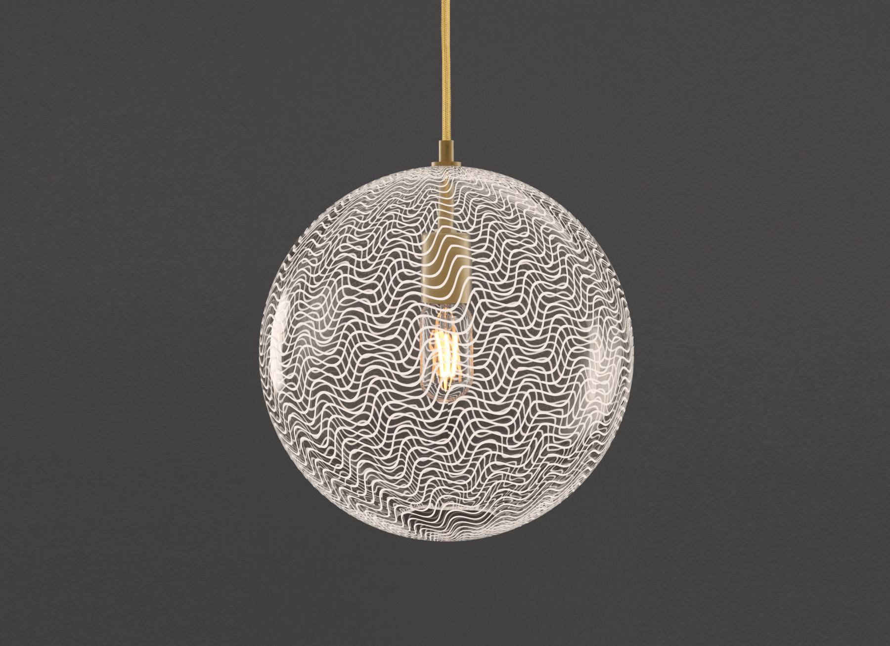 Brass KEEP Handblown Glass Globe Pendant Light, Mid-Century Inspired Patterned Glass For Sale