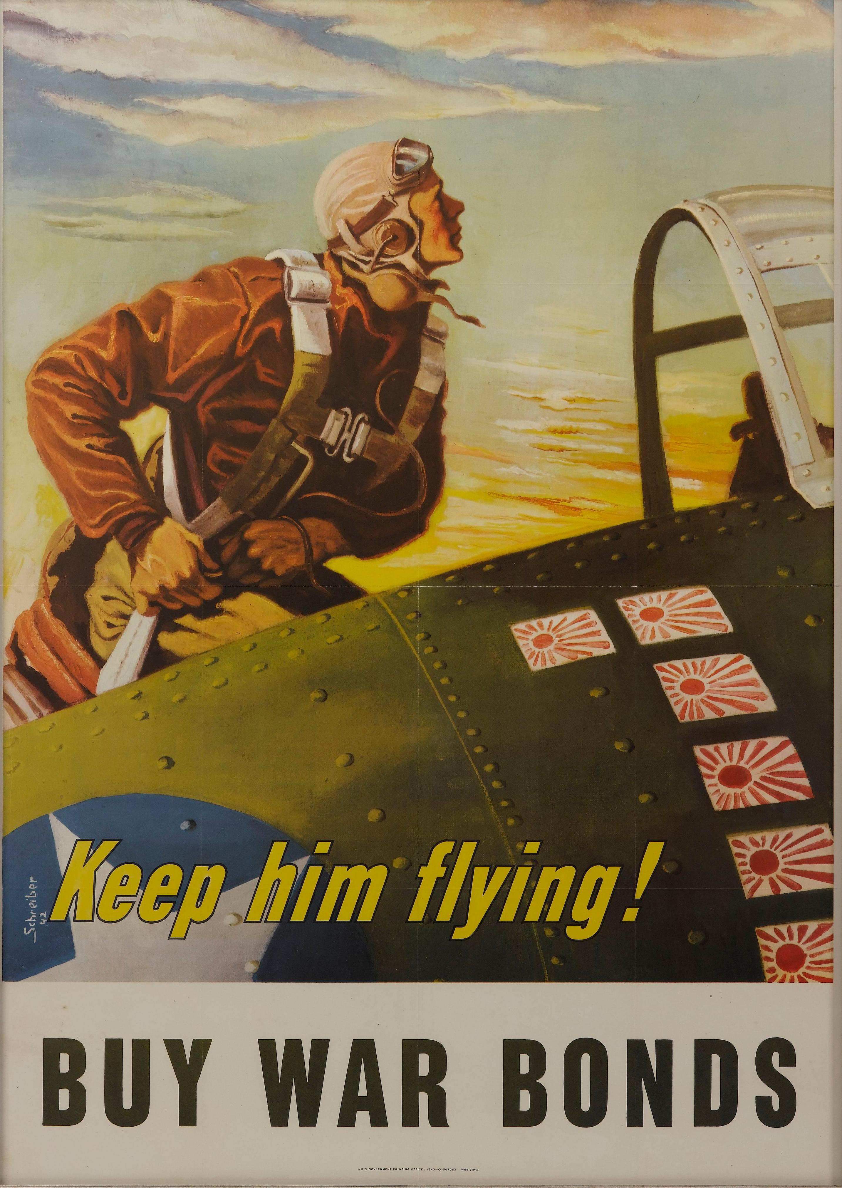 This is an original color World War II propaganda poster, with the art completed by Georges Schreiber. The U.S. Government Printing Office published the poster in 1943. The poster depicts a fighter pilot preparing to get in his plane. The pilot
