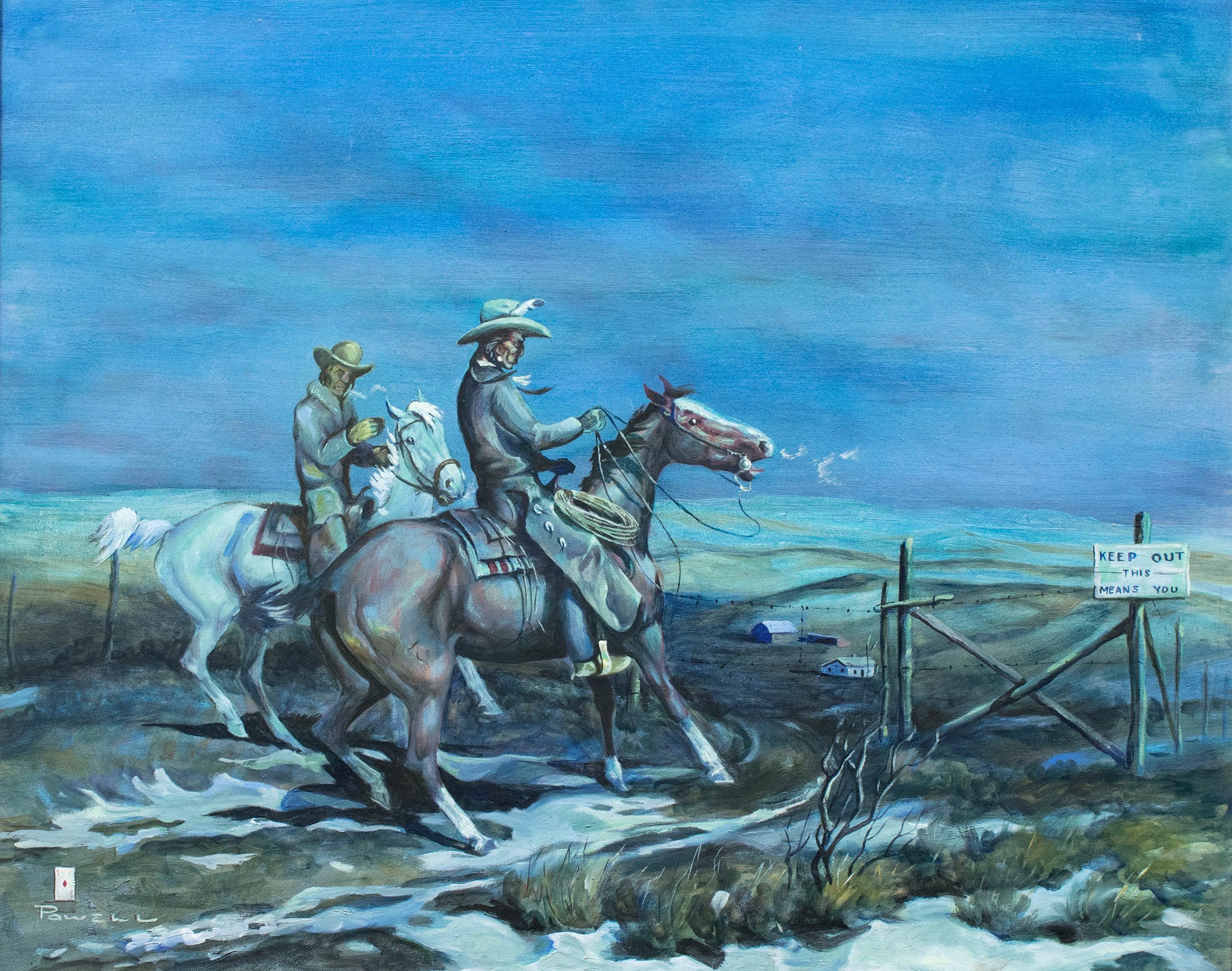(1912-1978). Oil on canvas. 24” x 30”. Well framed. Son of a cowboy, Powell was raised in Apgar, MT, on the south side of Lake McDonald. His father was a stable boss, guide and tracker for Glacier National Park. As a boy, he watched Charles Russell
