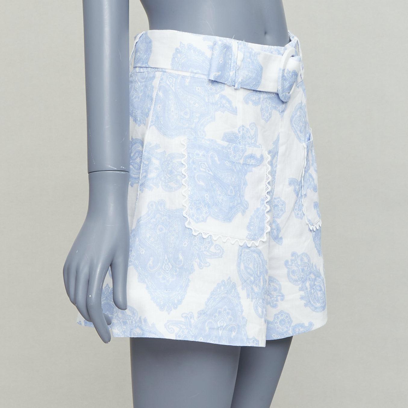 Gray KEEPSAKE white blue linen paisley print cotton lined belted shorts S For Sale