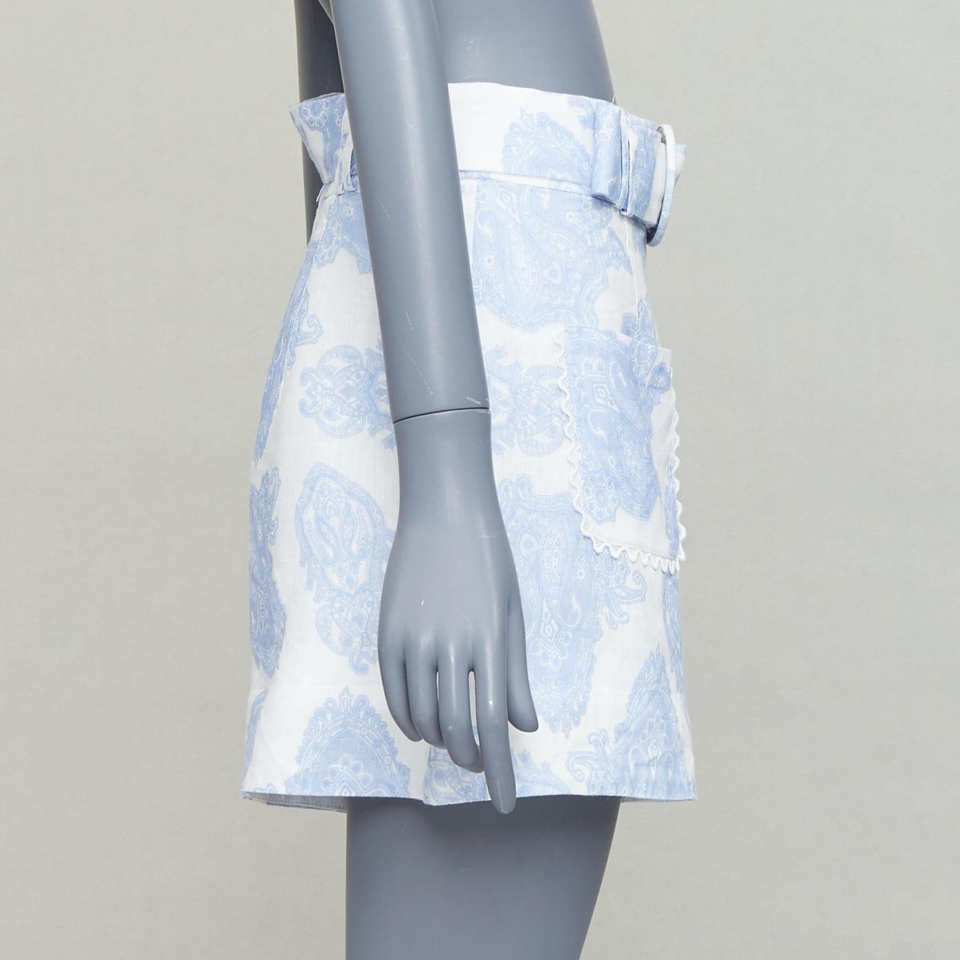 KEEPSAKE white blue linen paisley print cotton lined belted shorts S In Excellent Condition For Sale In Hong Kong, NT