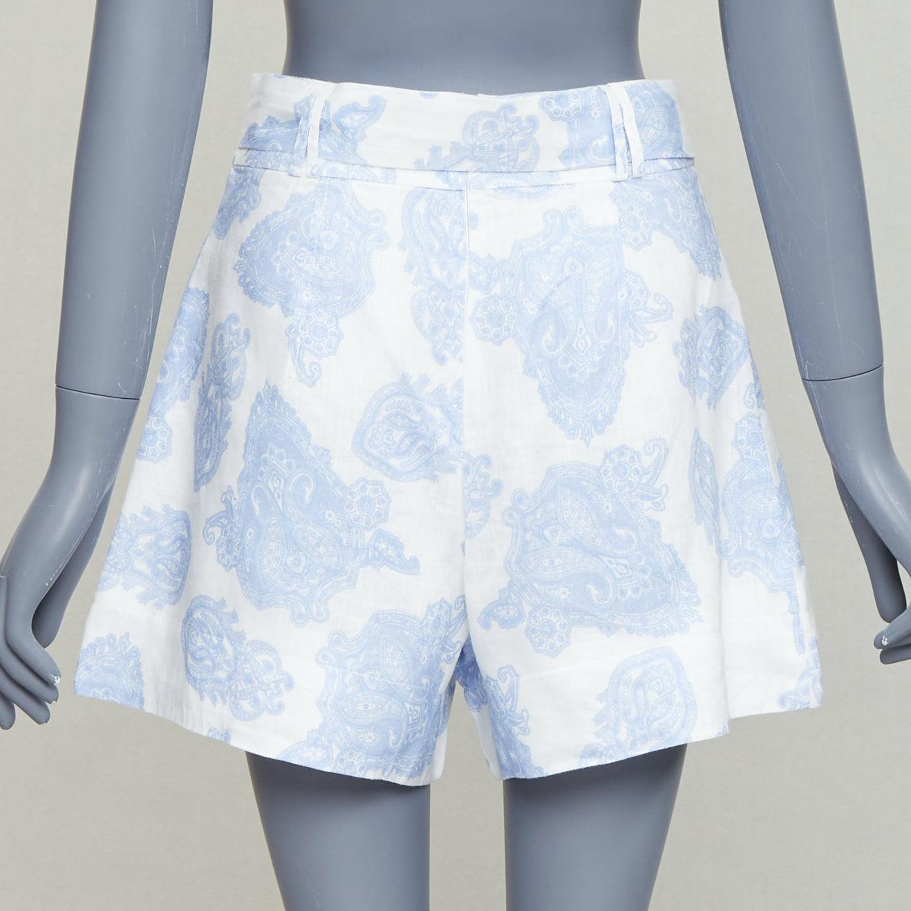 Women's KEEPSAKE white blue linen paisley print cotton lined belted shorts S For Sale