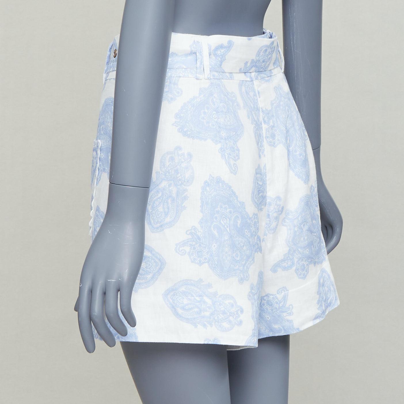 KEEPSAKE white blue linen paisley print cotton lined belted shorts S For Sale 1