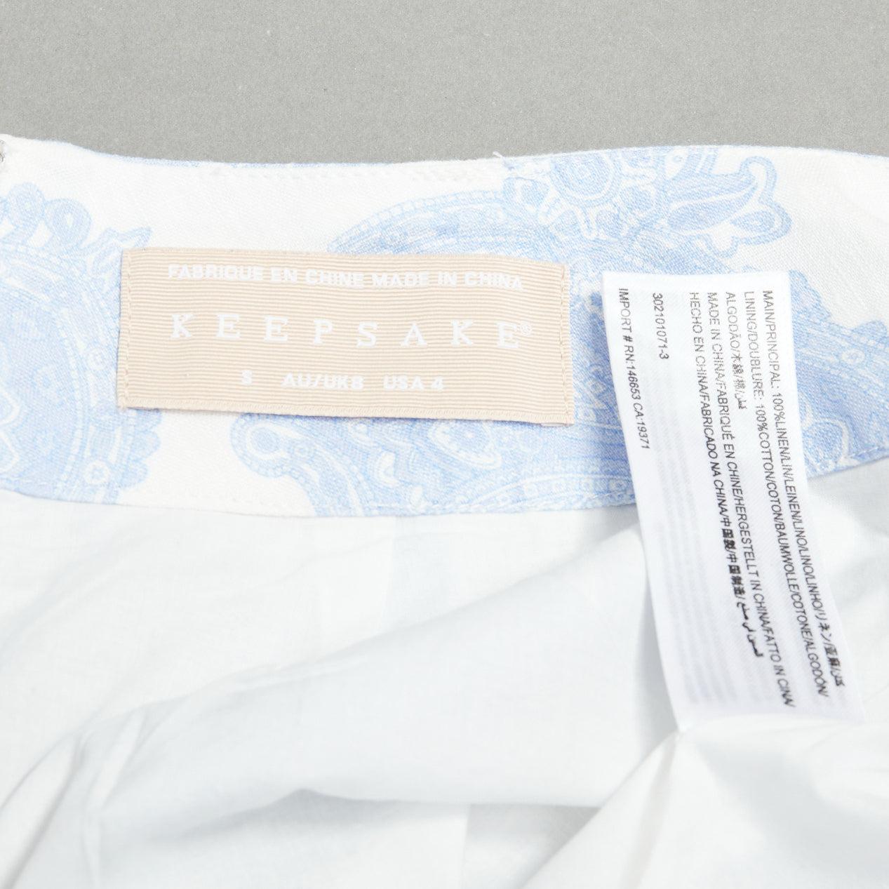 KEEPSAKE white blue linen paisley print cotton lined belted shorts S For Sale 3