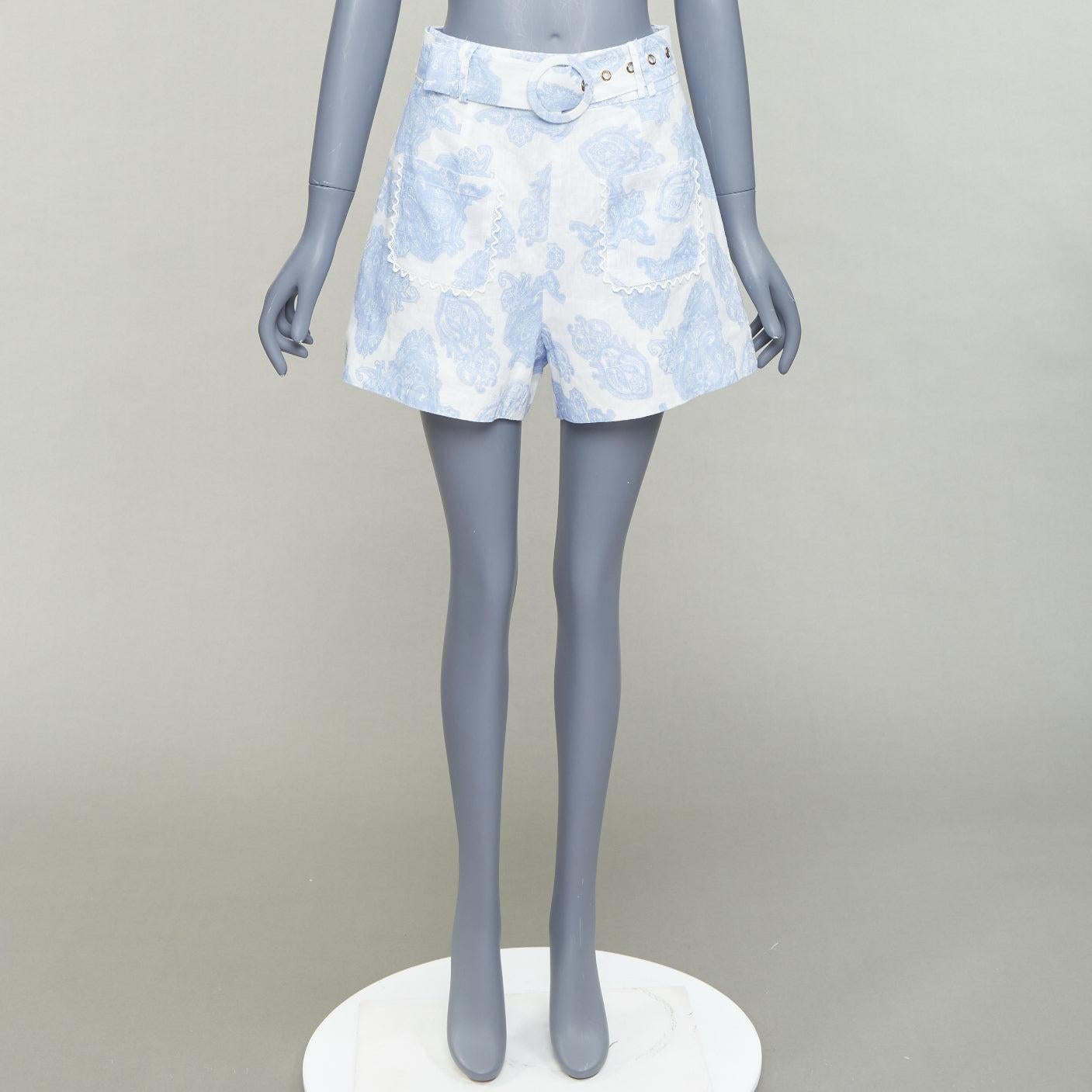 KEEPSAKE white blue linen paisley print cotton lined belted shorts S For Sale 4