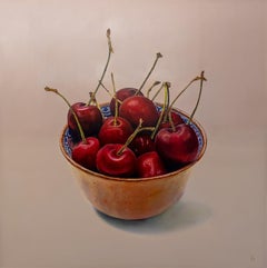 Kom met Kersen, Ölgemälde auf Tafel, Schale, Kirschen, Obst-Stillleben, auf Lager