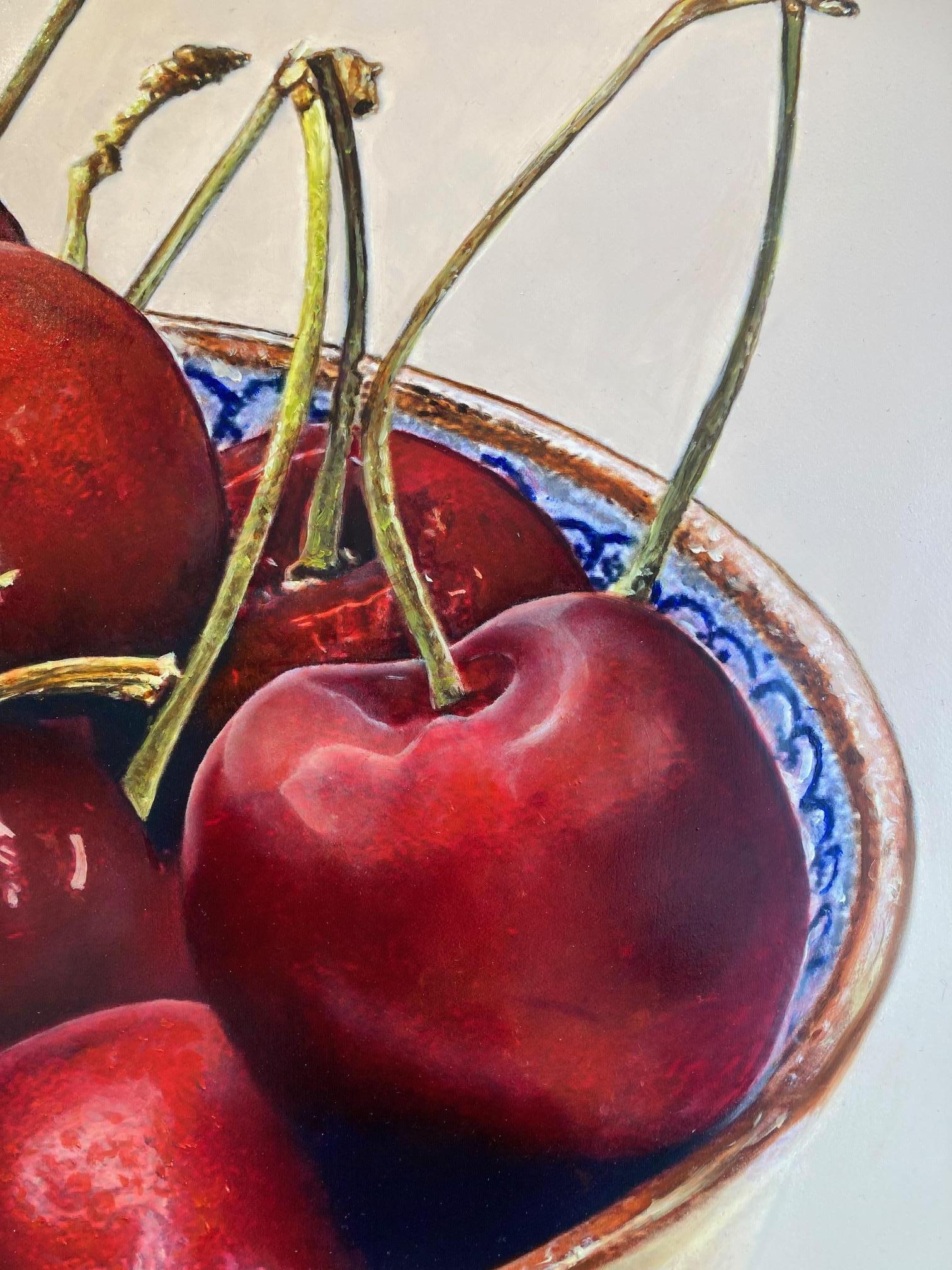 Kom met Kersen Pittura a olio su pannello Ciotola Ciliegie Frutta Natura morta In magazzino - Painting Contemporaneo di Kees Blom