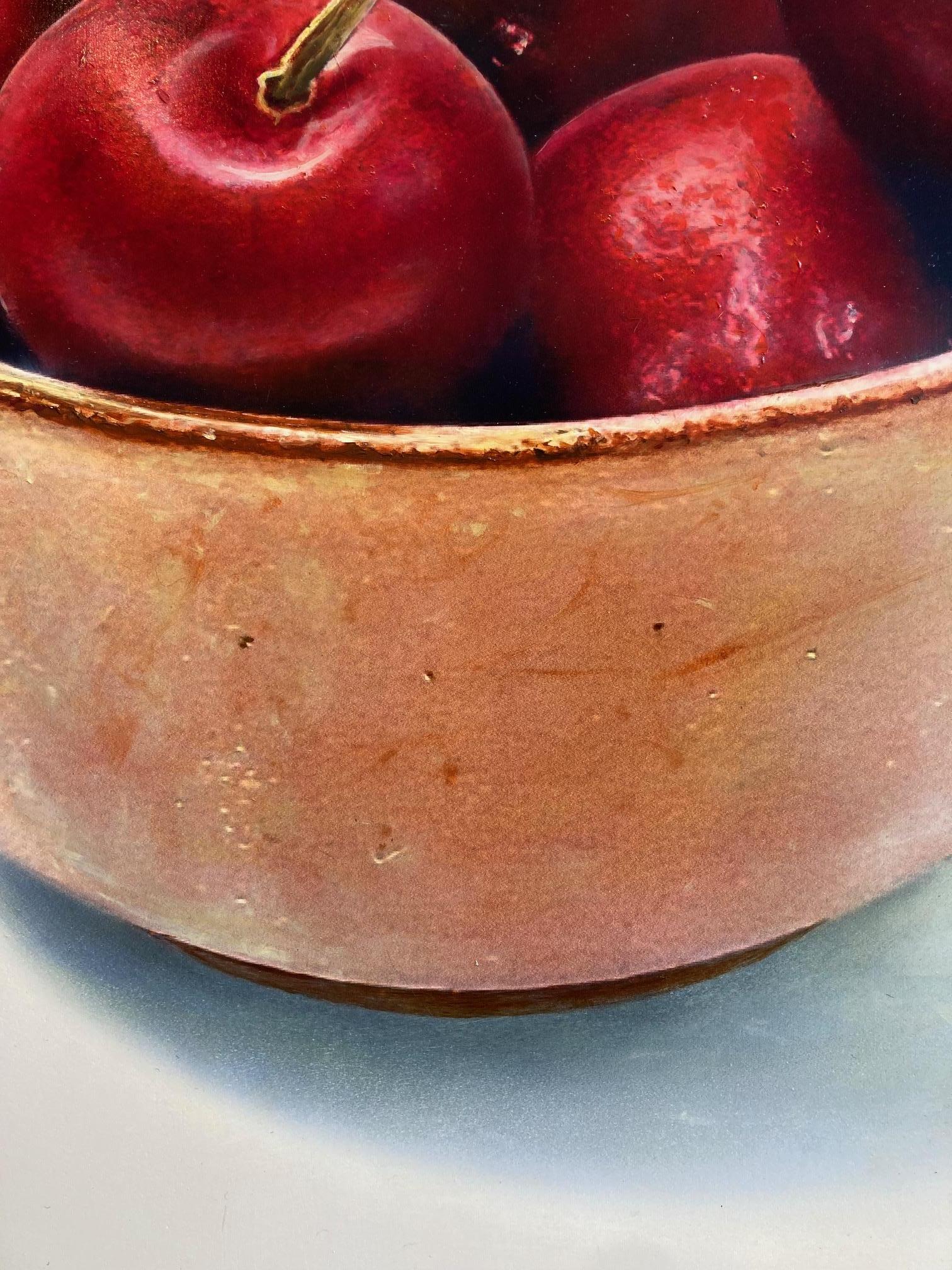 Kom met Kersen Pittura a olio su pannello Ciotola Ciliegie Frutta Natura morta In magazzino - Still-Life Painting Marrone di Kees Blom