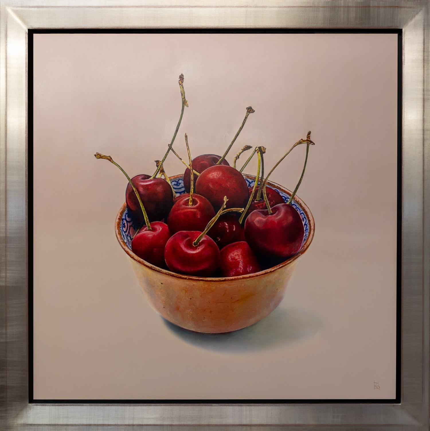 Still-Life Painting di Kees Blom - Kom met Kersen Pittura a olio su pannello Ciotola Ciliegie Frutta Natura morta In magazzino