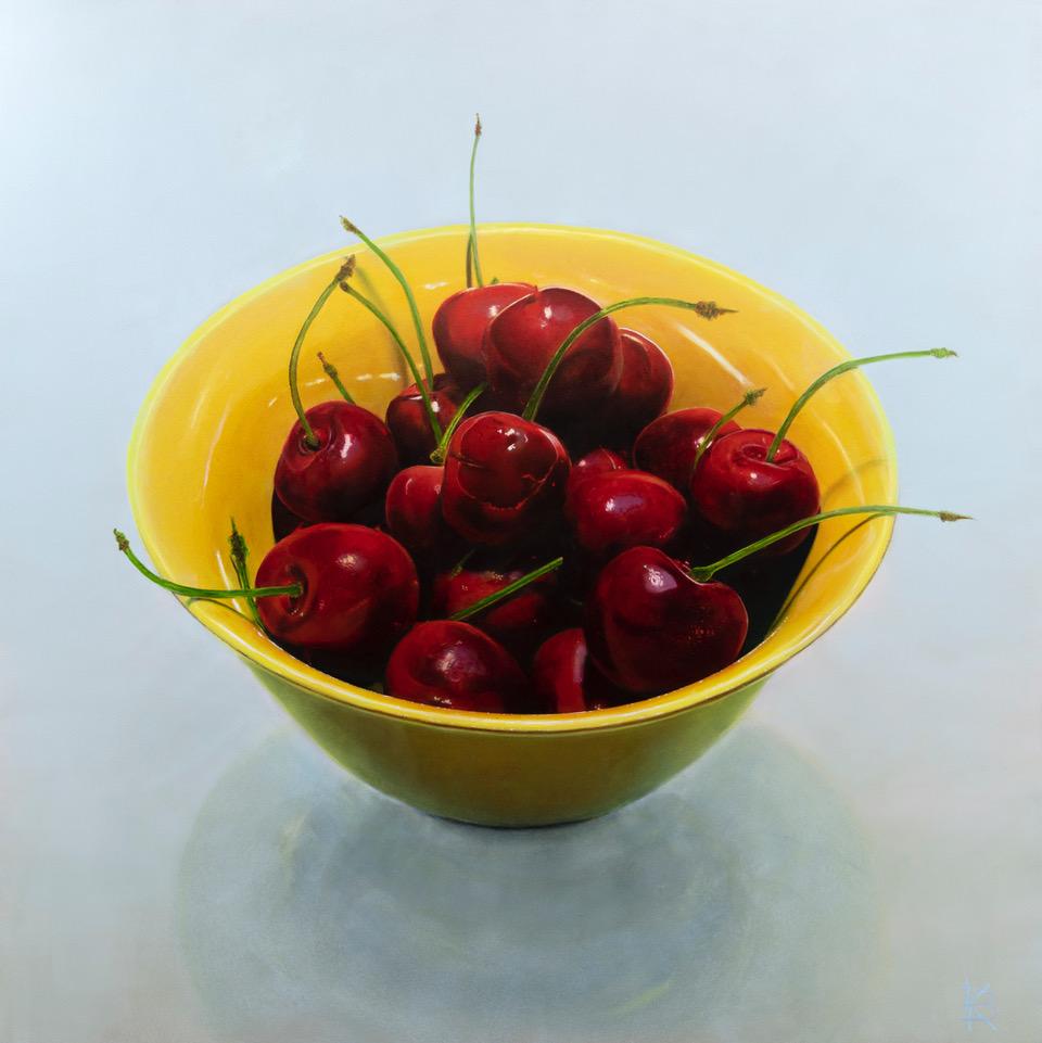 Yellow bowl with Red Cherries- 21st Century Contemporary Still-life Painting 