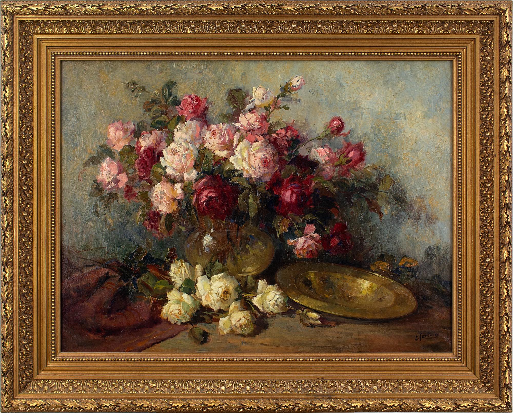 This beautiful mid-20th-century oil painting by Dutch artist Kees Terlouw (1890-1948) depicts an abundant arrangement of red, white and pink roses set within a vase.

Vividly filling the centre of the canvas, the roses radiate in bloom. Their rich