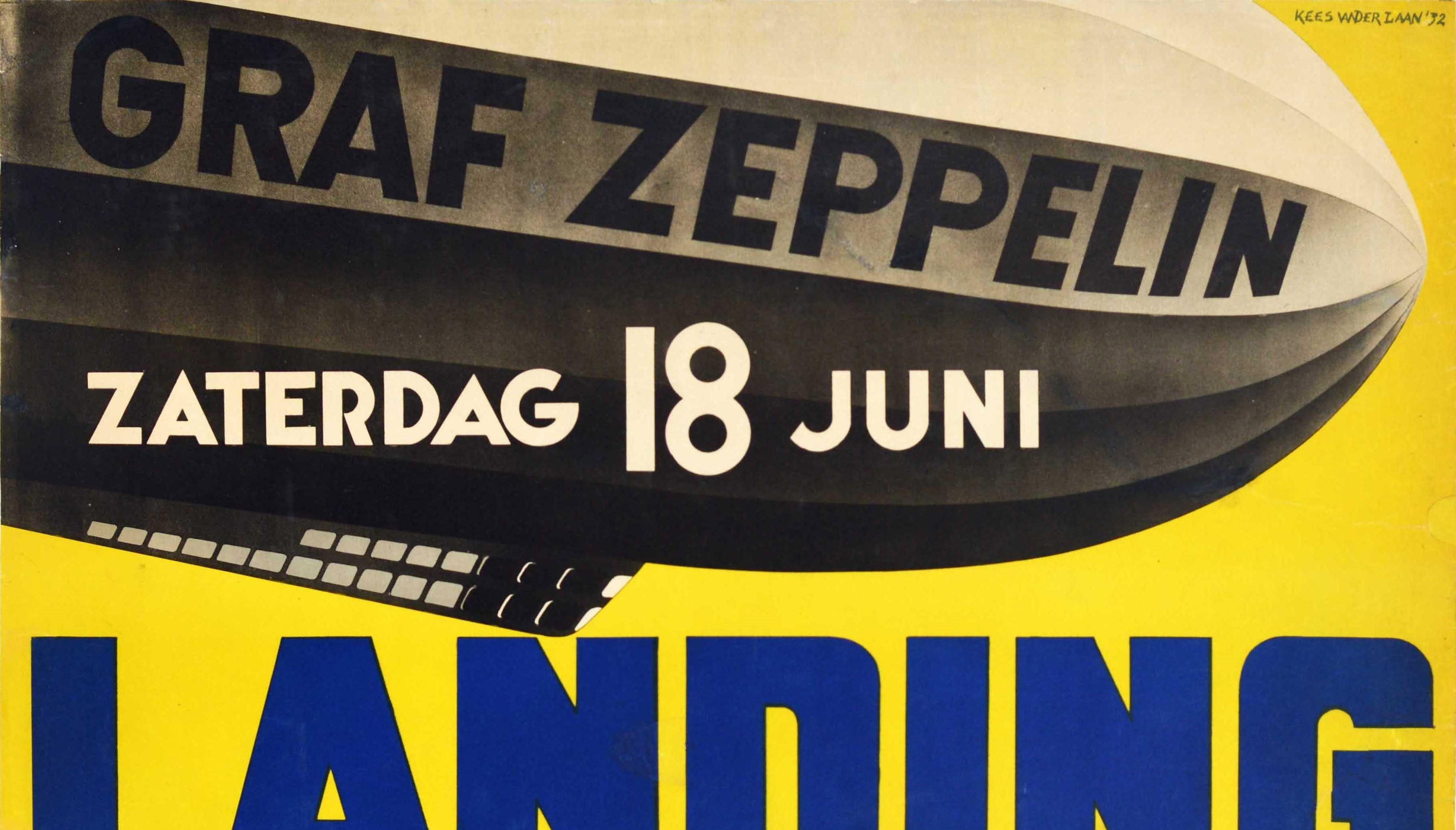  Original Vintage Poster For Graf Zeppelin Landing Vliegvelden Waalhaven Twente - Print by Kees van der Laan