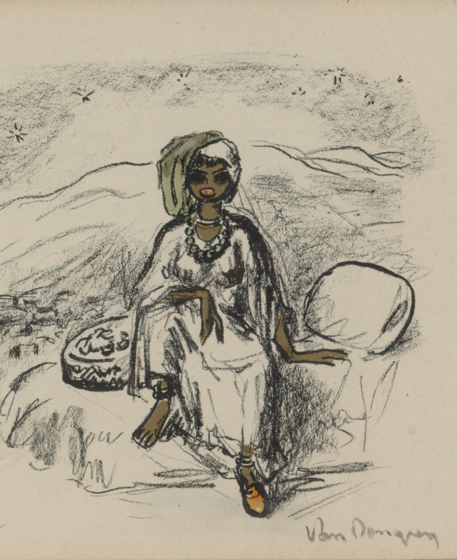 The lithography shows a ethnical woman sitting quite relax and with a smile on a bed. She’s wearing loose fitting robes and a tulle band wrapped around her head, the beaded necklace she is wearing is visible from afar. Her right foot is resting on