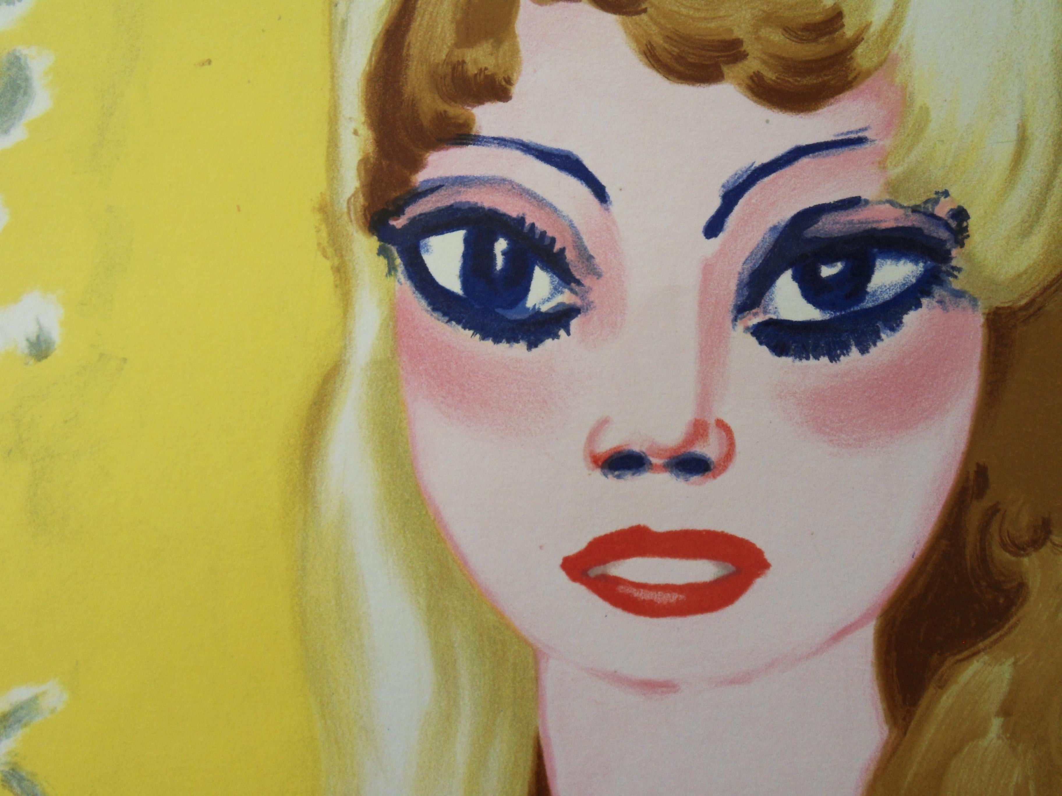 Brigitte Bardot : Femme blonde aux grands yeux - Lithographie originale, Mourlot 1964 - Beige Portrait Print par Kees van Dongen