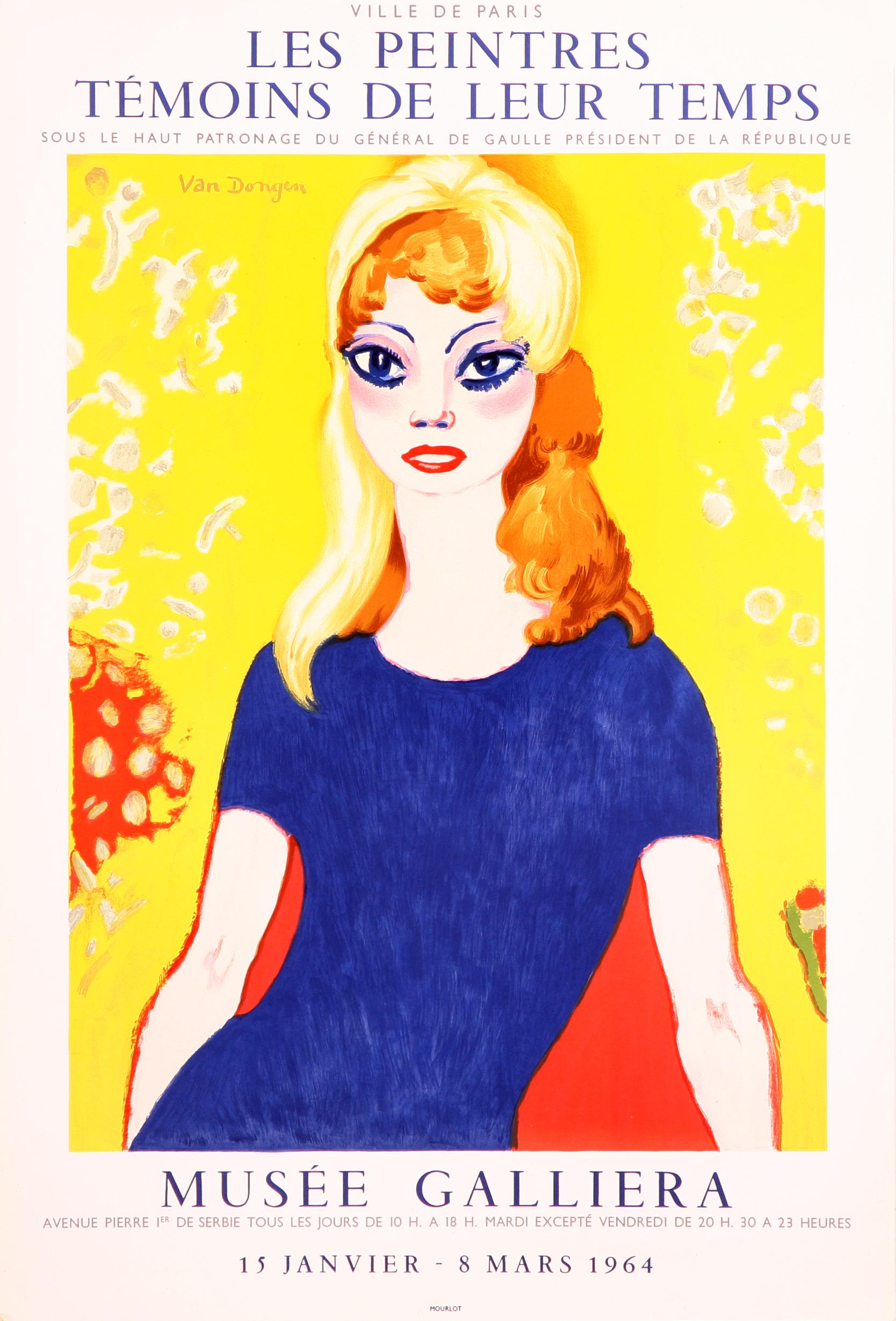 El retrato de Brigitte Bardot aparece en vivos colores en este cartel litográfico de Kees van Dongen, realizado para una exposición de sus obras en el Museo Galliera de París en 1964. Este cartel litográfico se imprimió en el Atelier Mourlot en